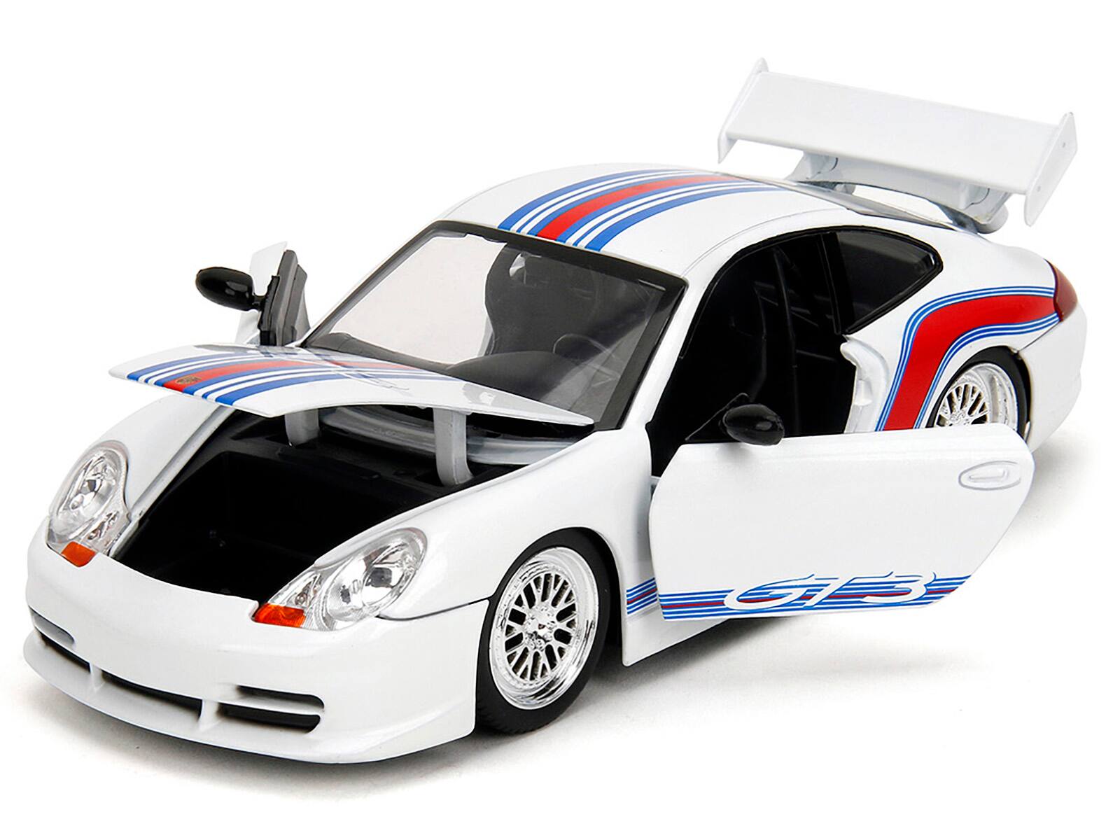 Alt View 1. Jada - Porsche 911 GT3 (996) White with Red and Blue Stripes "Hyper-Spec" Series 1/24 Diecast Model Car by Jada.