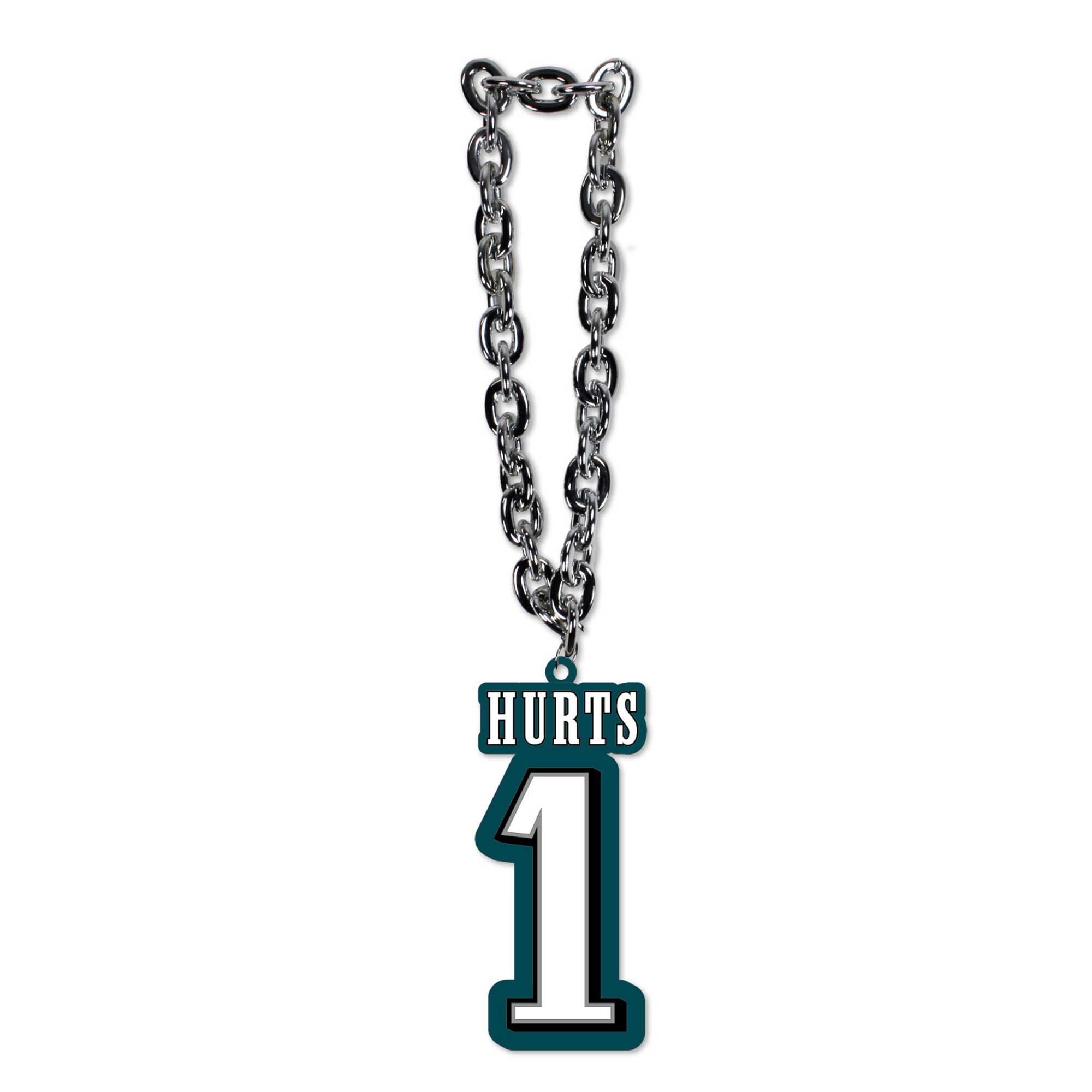 Front. MOJO - Jalen Hurts Philadelphia Eagles Player Fan Chain Necklace - Green.
