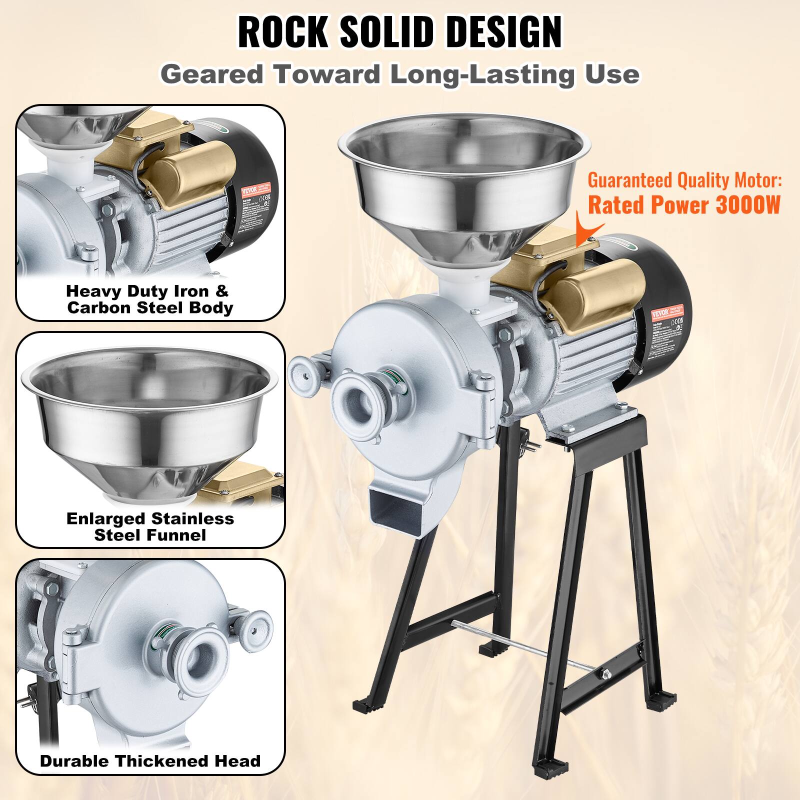 **ROCK SOLID DESIGN**  
Geared Toward Long-Lasting Use

- Heavy Duty Iron & Carbon Steel Body
- Enlarged Stainless Steel Funnel
- Durable Thickened Head

Guaranteed Quality Motor:  
Rated Power 3000W