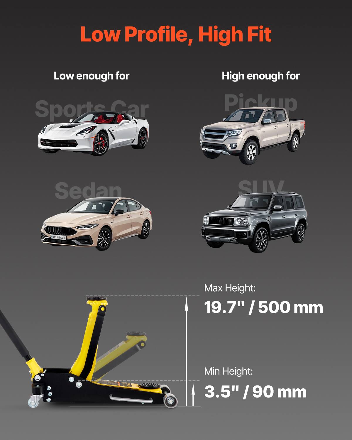 Low Profile, High Fit  
Low enough for Sports Car  
High enough for Pickup  

Max Height: 19.7" / 500 mm  
Min Height: 3.5" / 90 mm