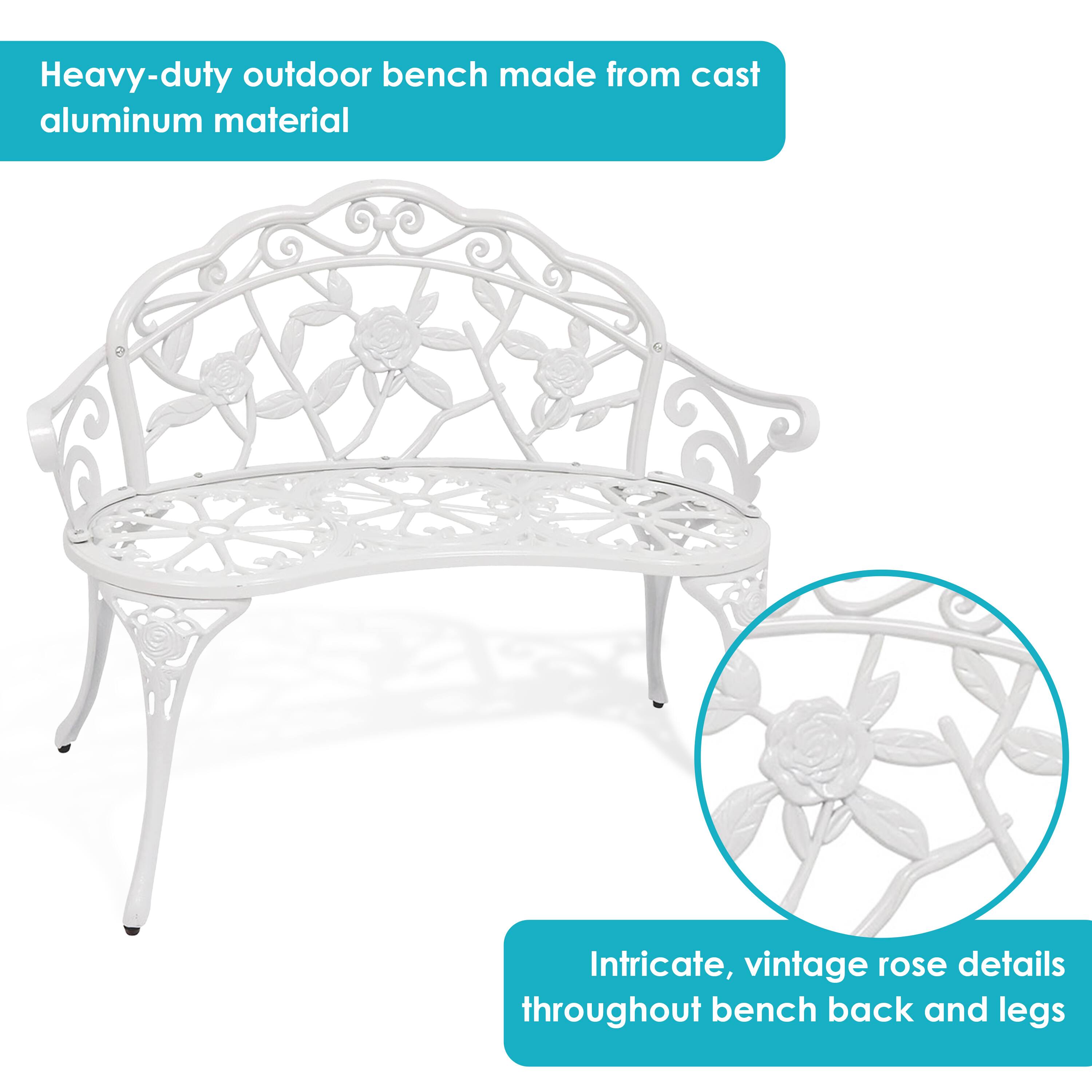 Heavy-duty outdoor bench made from cast aluminum material

Intricate, vintage rose details throughout bench back and legs