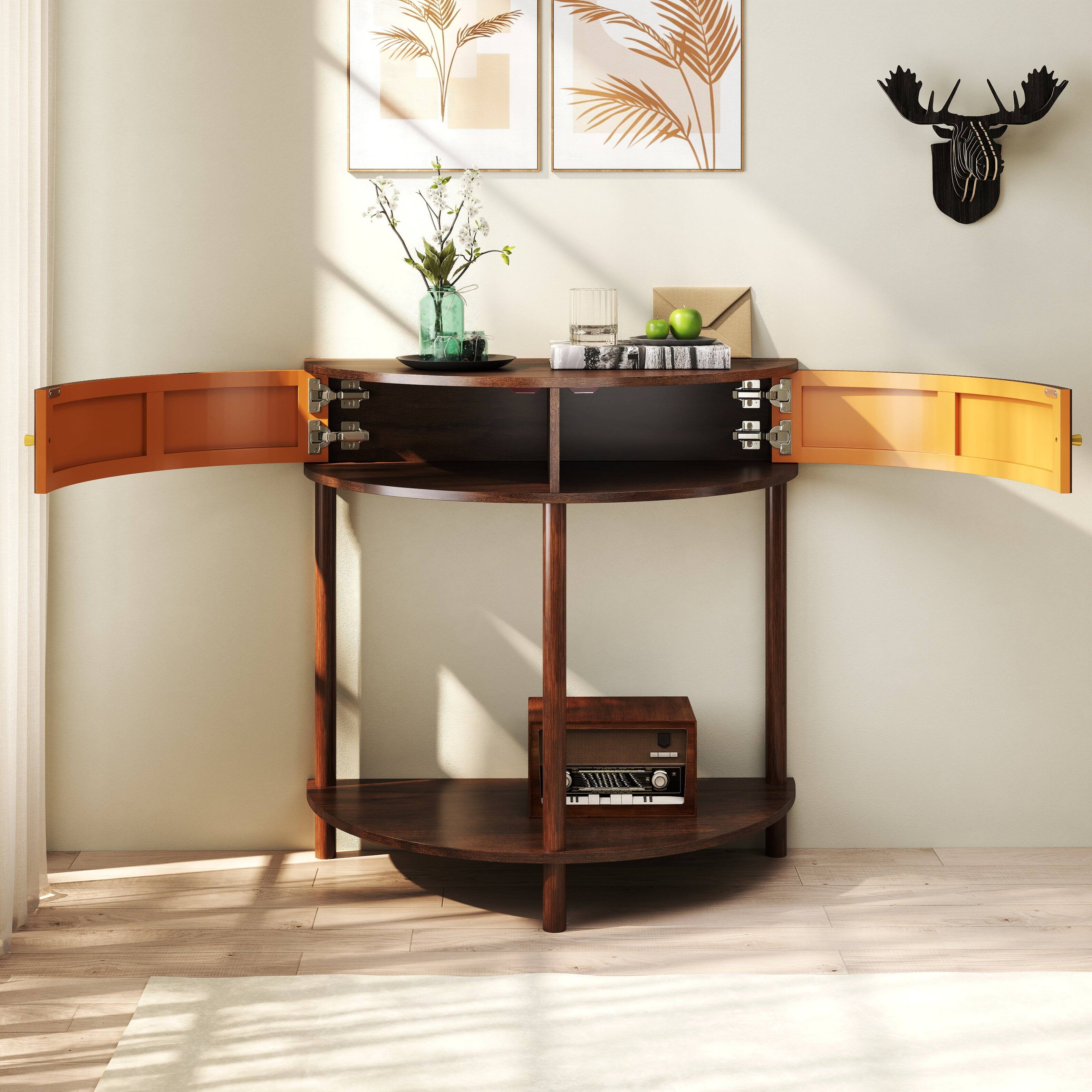 Left. Tiramisubest - Artisan-Crafted Demi-Lune Console Table with Brown Woodgrain,Unique Half Moon Design End Table with 2 Drawers and Shelf - Brown.