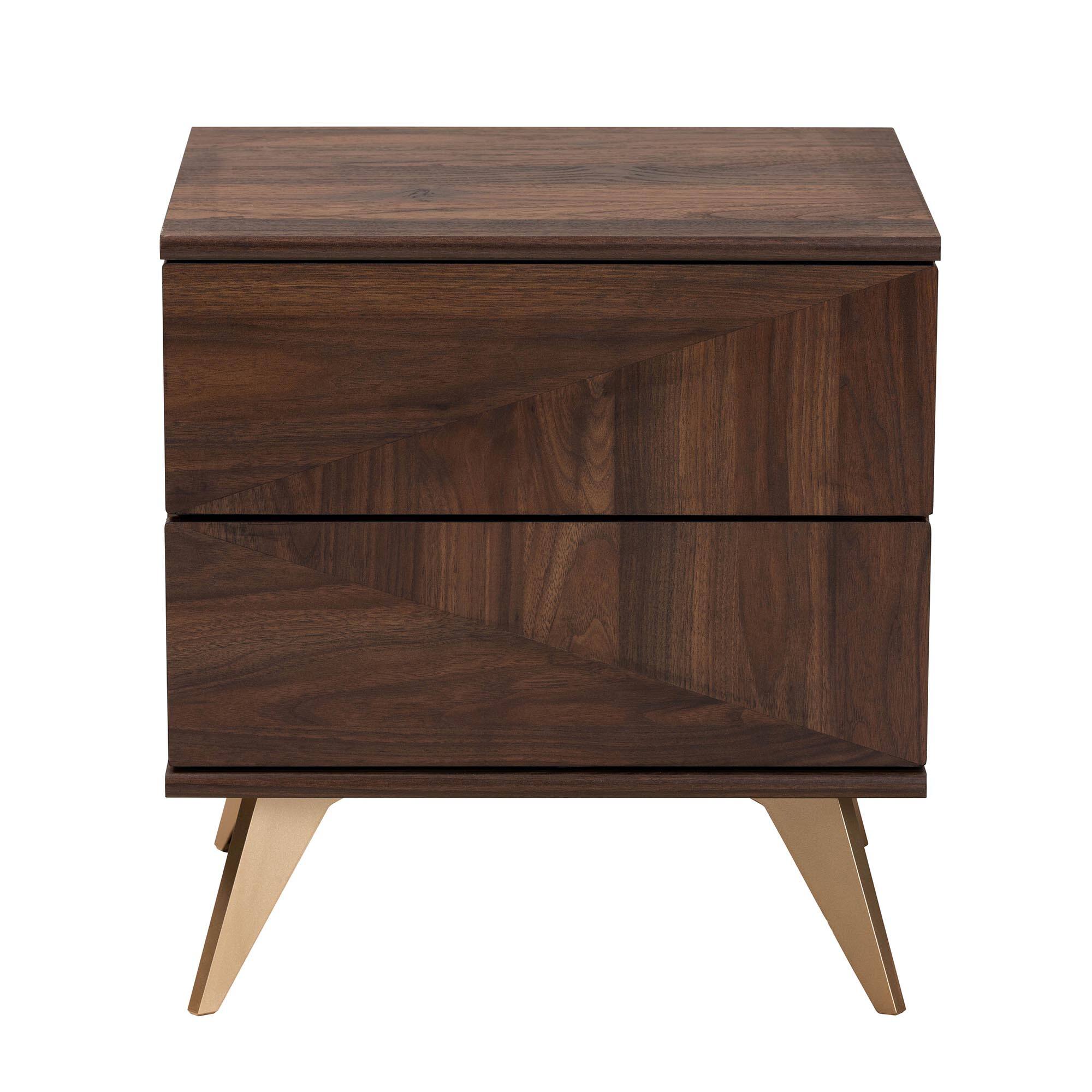 Left. Baxton Studio - Graceland Mid-Century Modern Transitional Finished Wood 2-Drawer Nightstand - Walnut Brown/Gold.