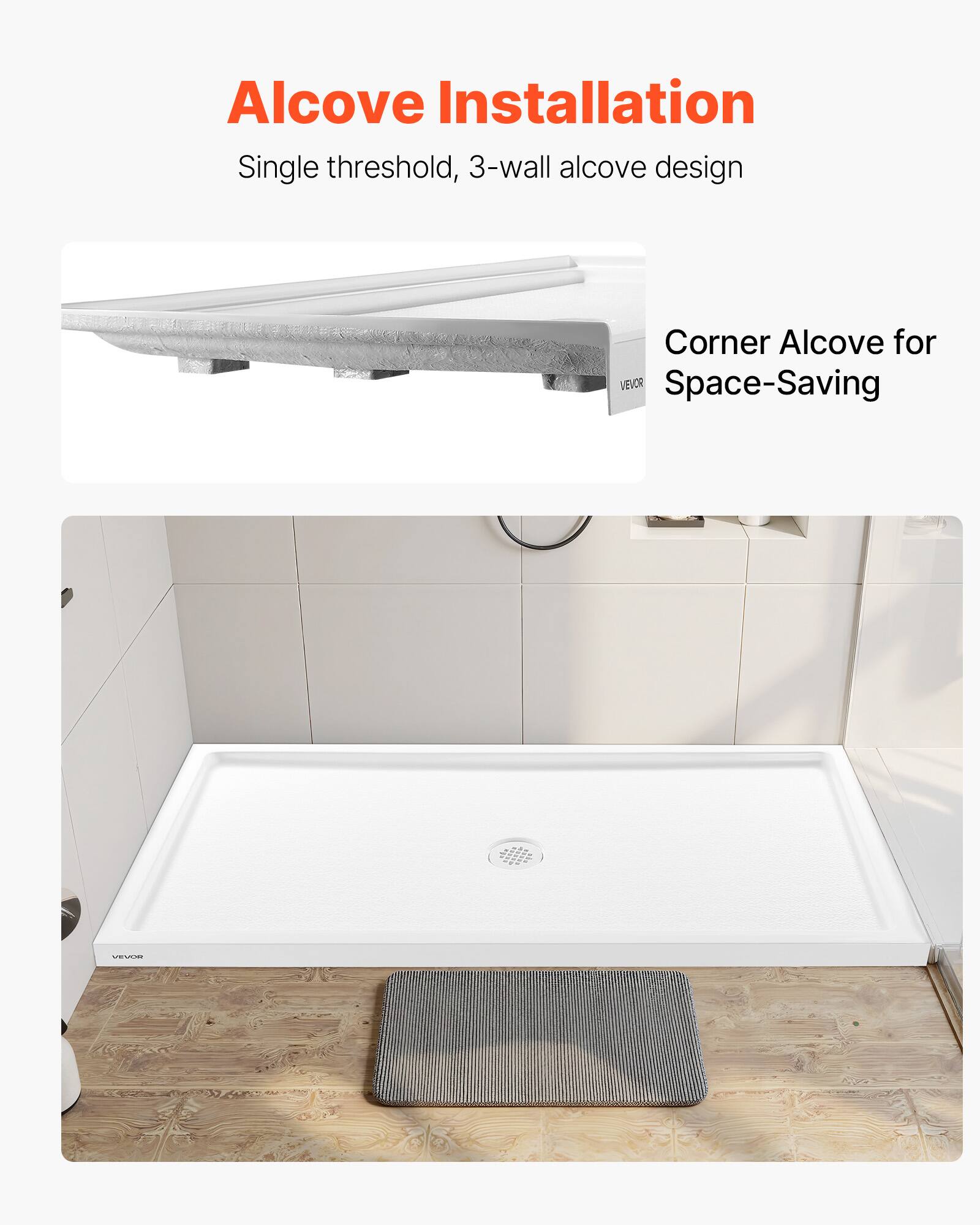 Alcove Installation  
Single threshold, 3-wall alcove design  
Corner Alcove for Space-Saving