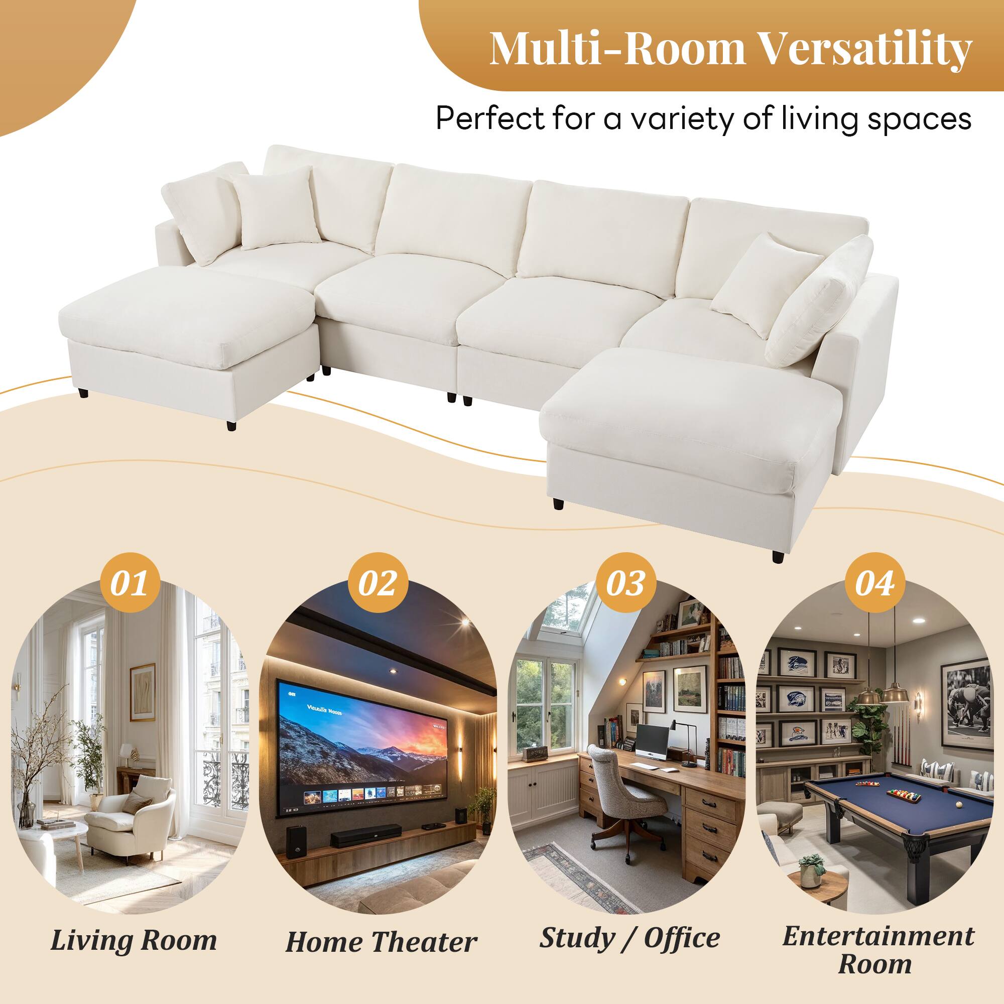 Multi-Room Versatility  
Perfect for a variety of living spaces  

01 Living Room  
02 Home Theater  
03 Study / Office  
04 Entertainment Room