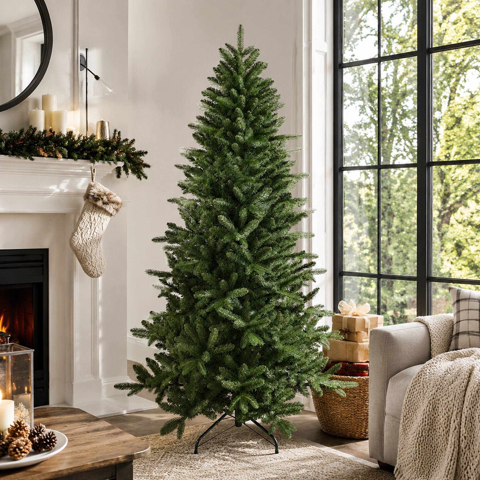 Back. RYHNUYNE - 6Ft Artificial Christmas Tree, 1168 Branch Tips Full Lush Hinged Pine Mixed Needles Easy Assembly - Green.