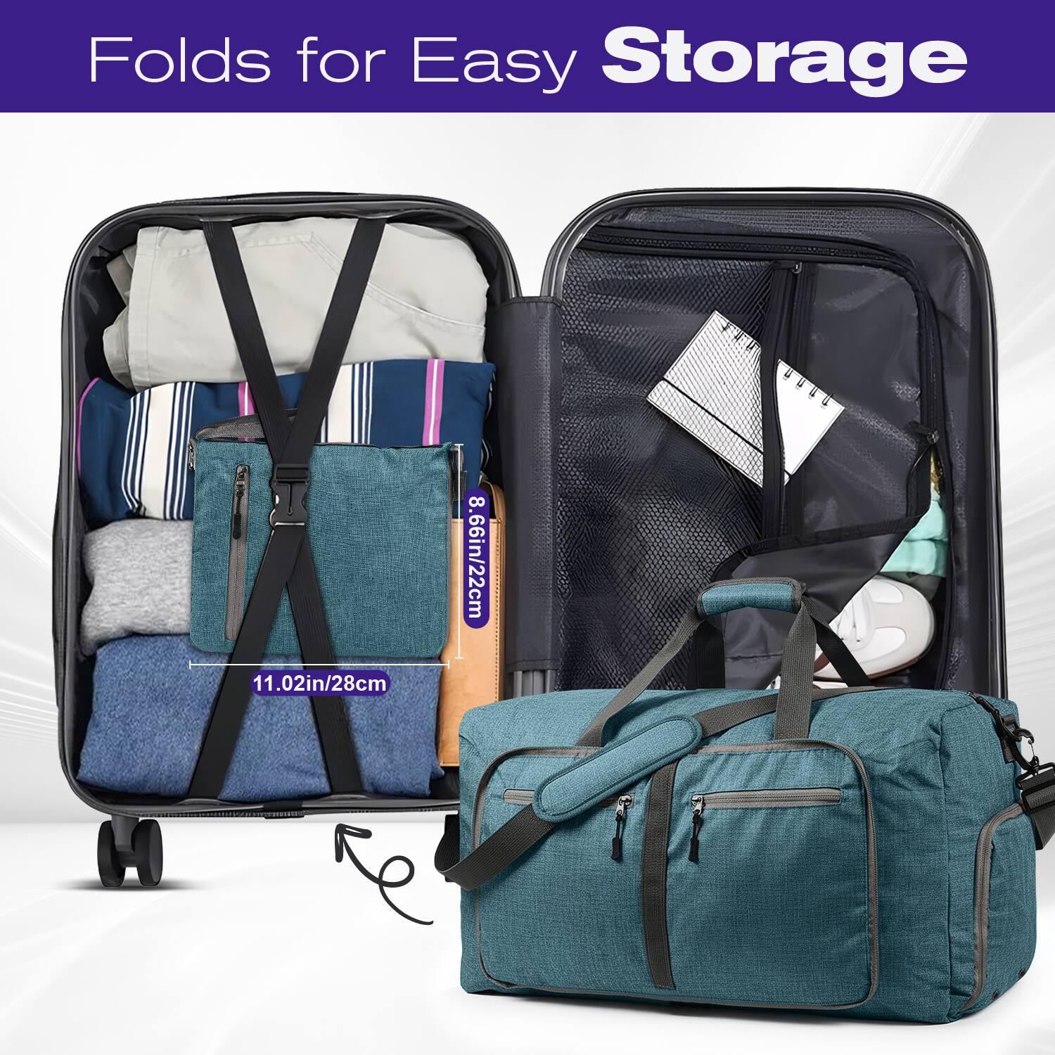 Folds for Easy Storage  
11.02in/28cm  
8.66in/22cm