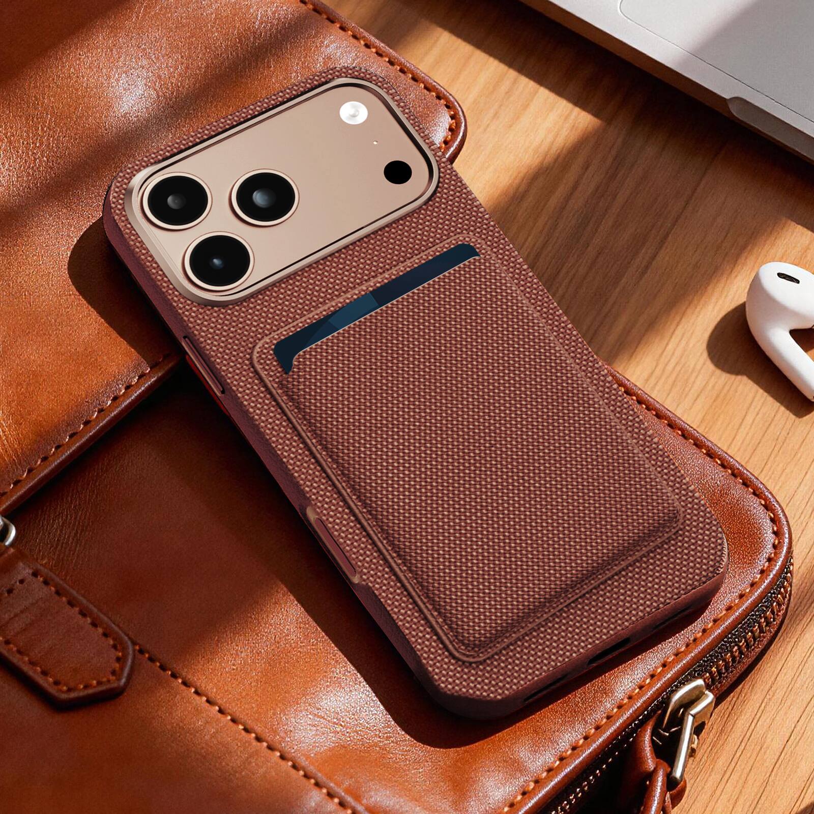 Alt View 4. Dteck - 2-in-1 Wallet Case for Apple iPhone 17 Pro, Slim Shockproof Fabric Hybrid Cover with Magnetic Card Holder - Brown.
