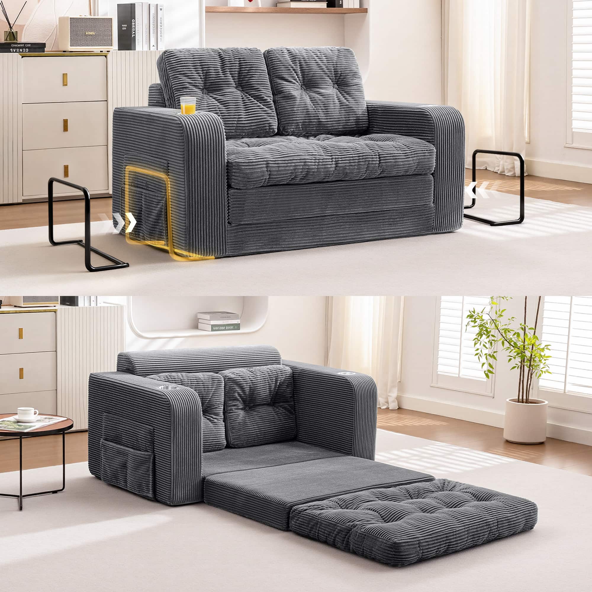KERDOM - 2 in 1 Small Convertible Loveseat Sofa Bed, Compact Folding Futon Sleeper with Cup Holder, Pull Out Couch for Guest Room - Gray