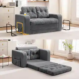 KERDOM - 2 in 1 Small Convertible Loveseat Sofa Bed, Compact Folding Futon Sleeper with Cup Holder, Pull Out Couch for Guest Room - Gray