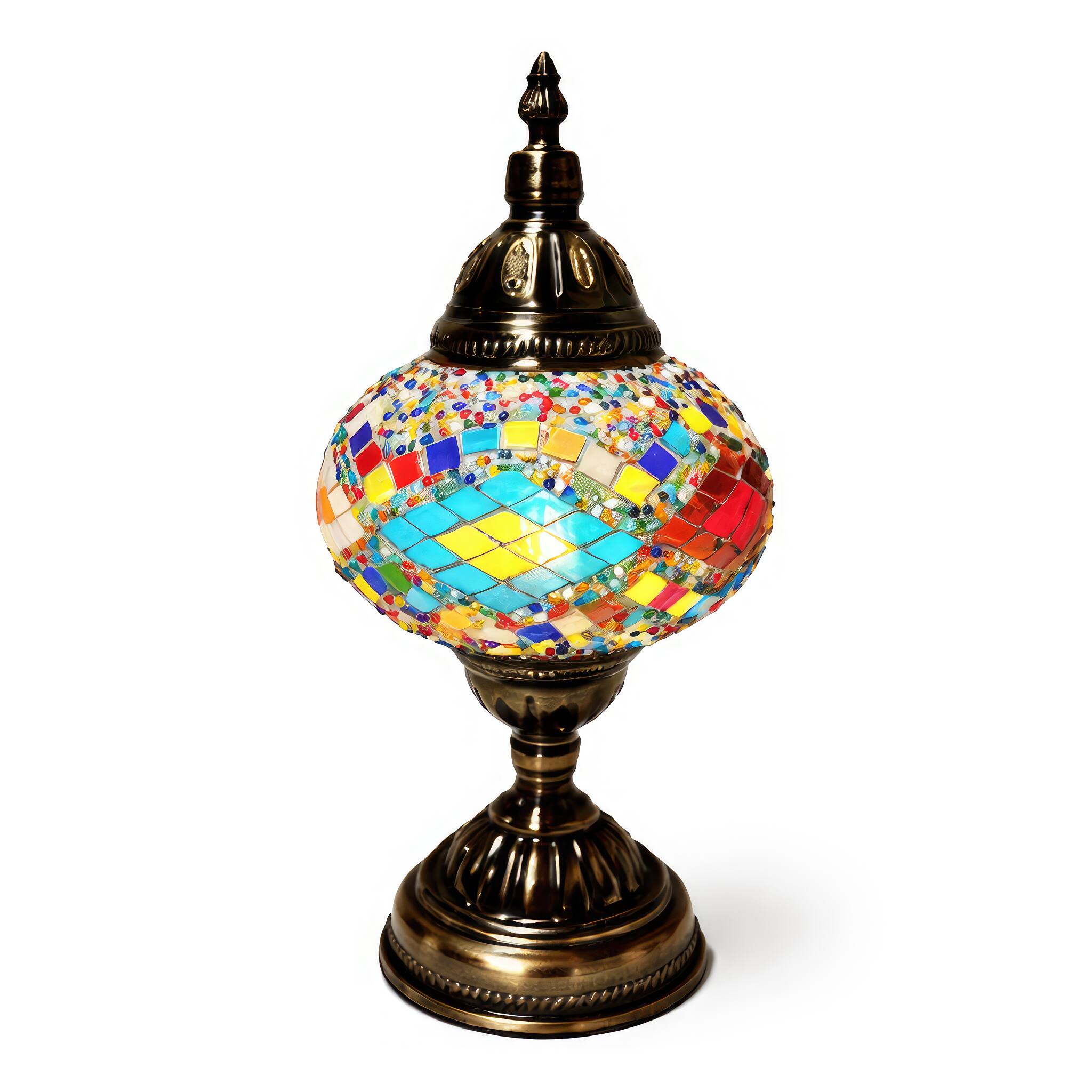 Angle. FC Design - 13"H Bronze Stand Bright Mosaic Kilim-Design Globe Turkish Lamp.