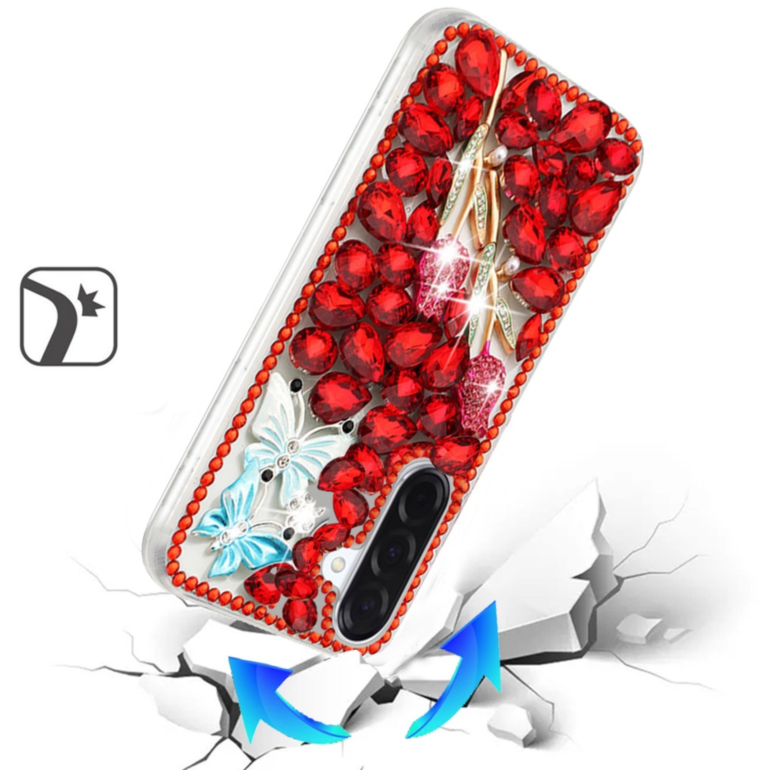 Angle. Kitcheniva - Full Diamond Bling 3D Jewel Ornaments Plus Tempered Glass For Samsung A17 5G Red Exquisite Garden - Multicolor.