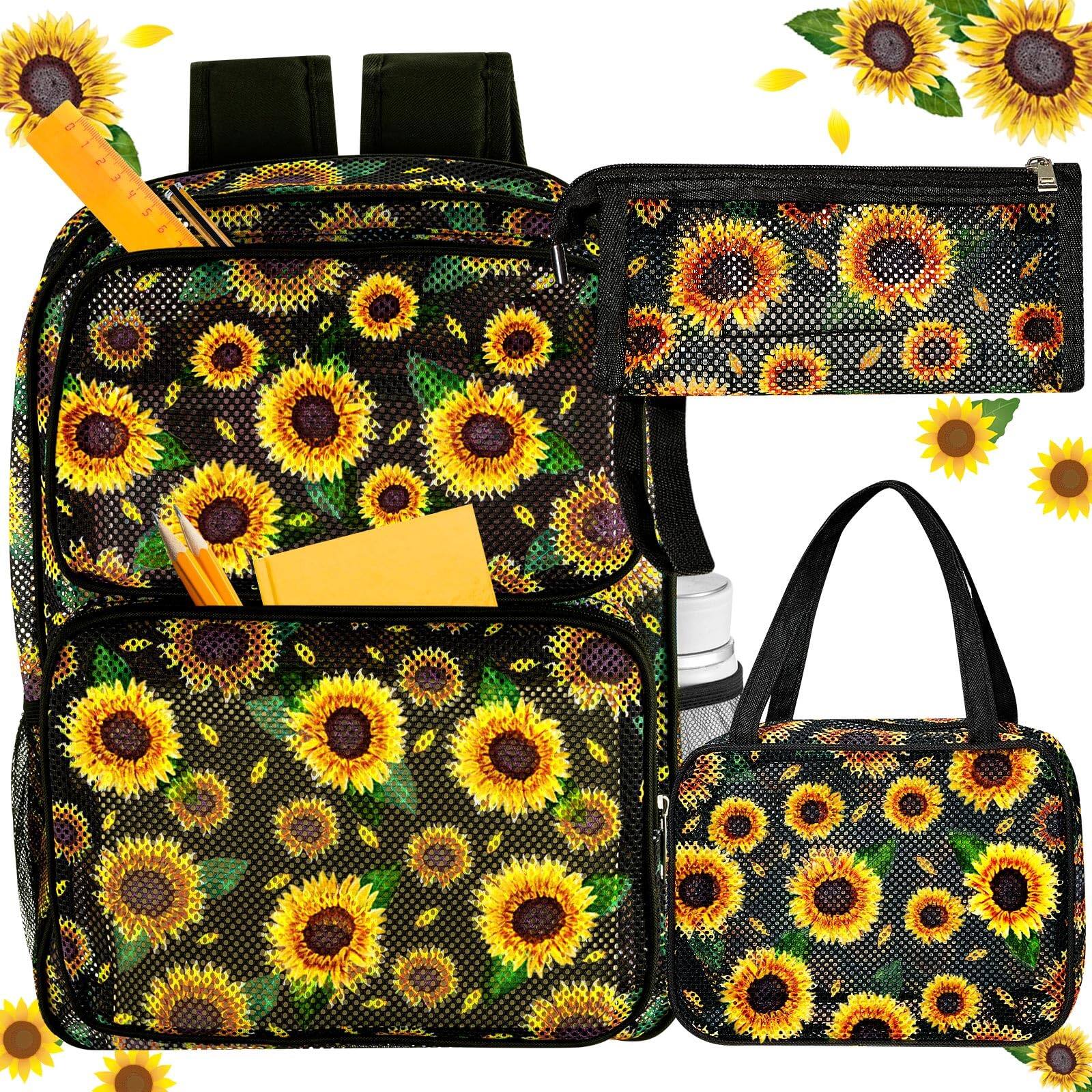 Cozy Serene - 3 Mesh Backpack Set Semi-transparent Bag For Women School Heavy Duty With Pocket Lunch Pencil Case - Classic Sunflower Style