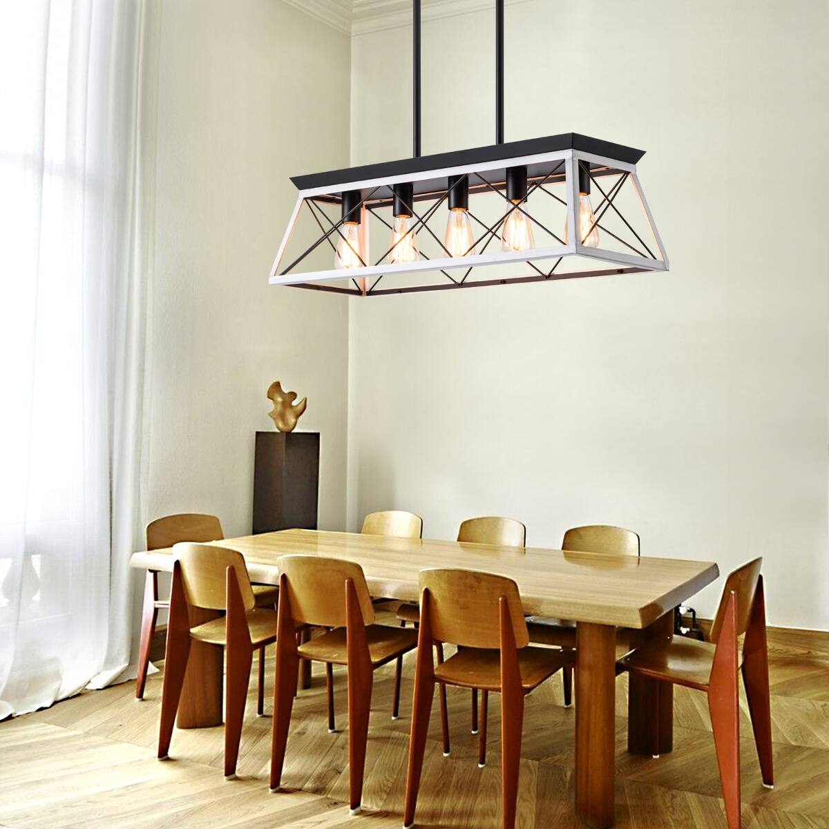 Back. Loheer - Loheer 5 Light Farmhouse Chandelier White Iron Dining Room Pendant Light for Kitchen Island.