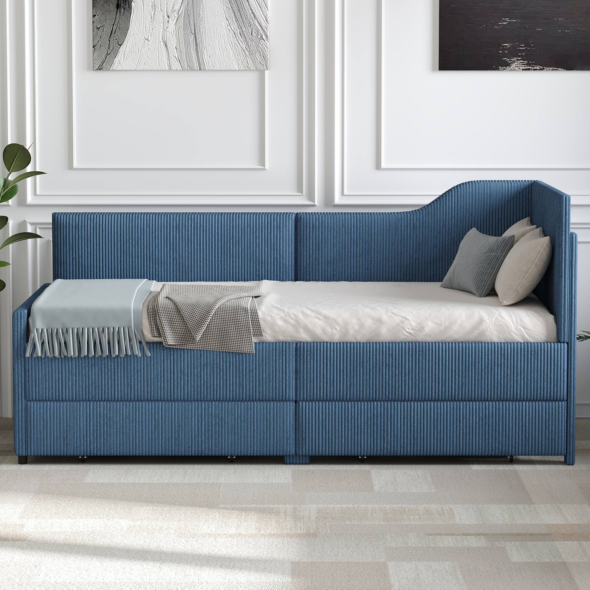 Alt View 1. GOODSILO - Twin Size L-Shaped Upholstered Daybed with Storage Drawers, Corduroy Fabric, Beige Finish - Blue.