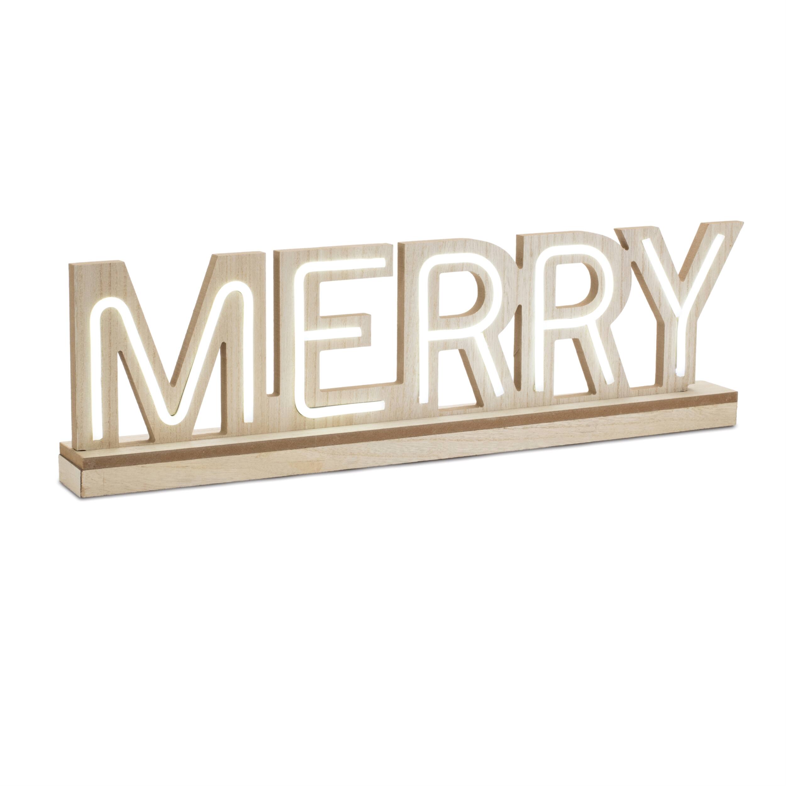 Left. BreeBe - LED Joy and Merry Tabletop Sign (Set of 2) - Beige, White.