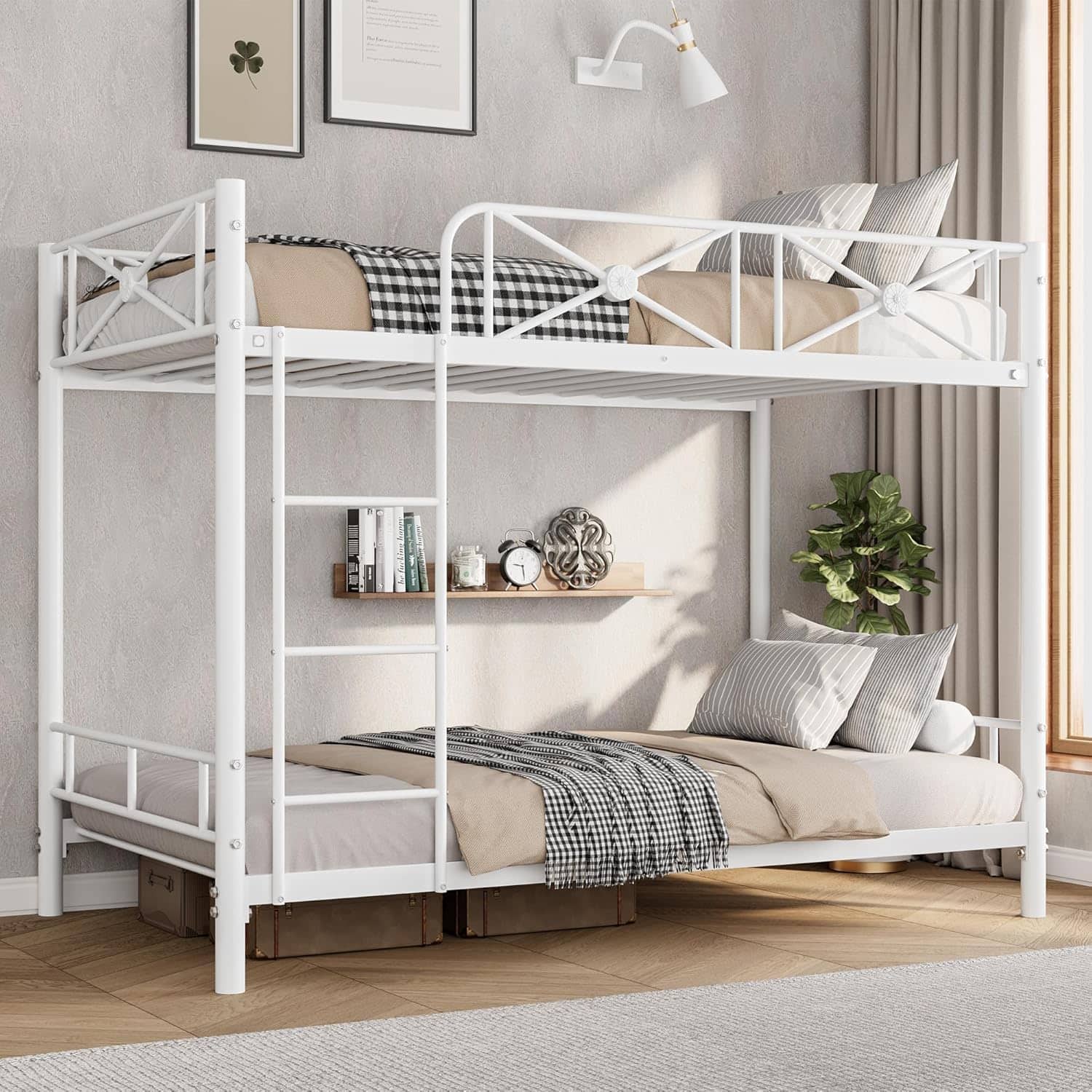 GARVEE- Metal Twin Over Twin Bunk Bed, Heavy Duty with Safety Guard Rails, Space-Saving Design- White