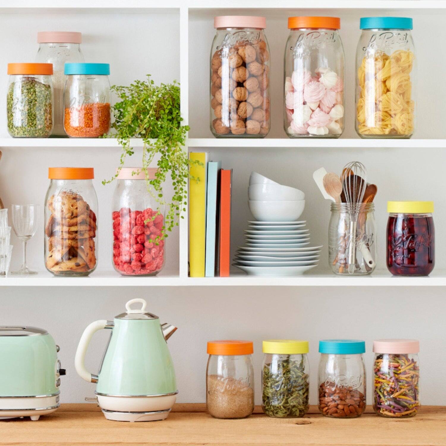 Alt View 3. Le Parfait - Screw Top Jar - 1L Wide Mouth French Glass Canning Jar w/ Color Plastic Lid, 32oz/Quart (Pack of 4) - PINE.