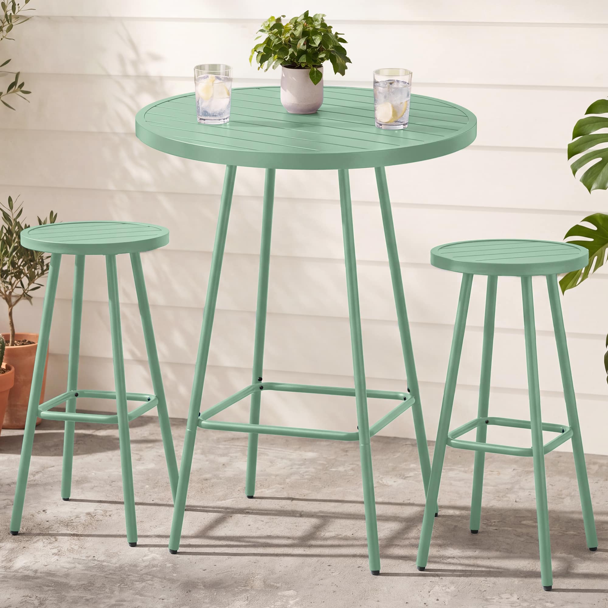 Best Choice Products - 3-Piece Steel Patio Bar Height Round Bistro Set w/ Backless Stools, Slatted Design - Sage