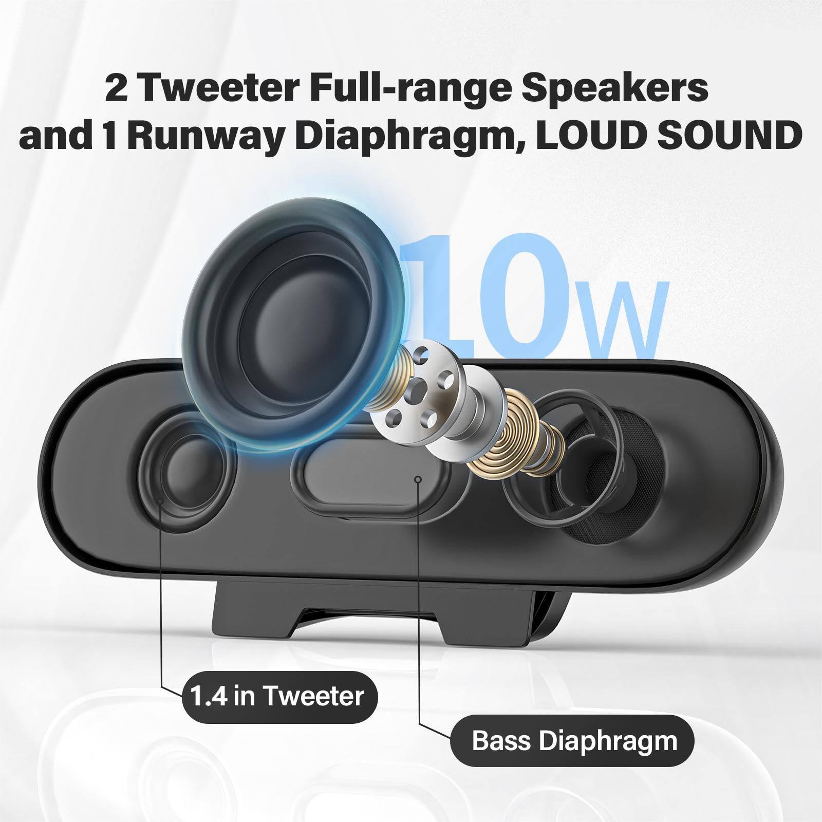 2 Tweeter Full-range Speakers and 1 Runway Diaphragm, LOUD SOUND  
10w  
1.4 in Tweeter  
Bass Diaphragm