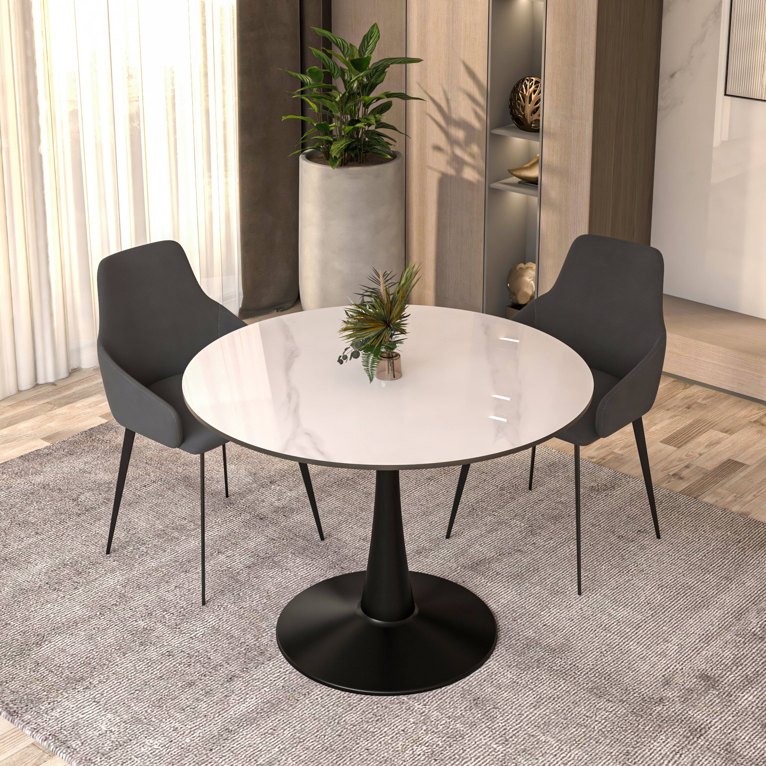 Left. LeisureMod - Bristol 40" Minimalist Round Pedestal Dining Table - Space-Saving Kitchen Table with Powder-Coated Steel Base - Stone - White.