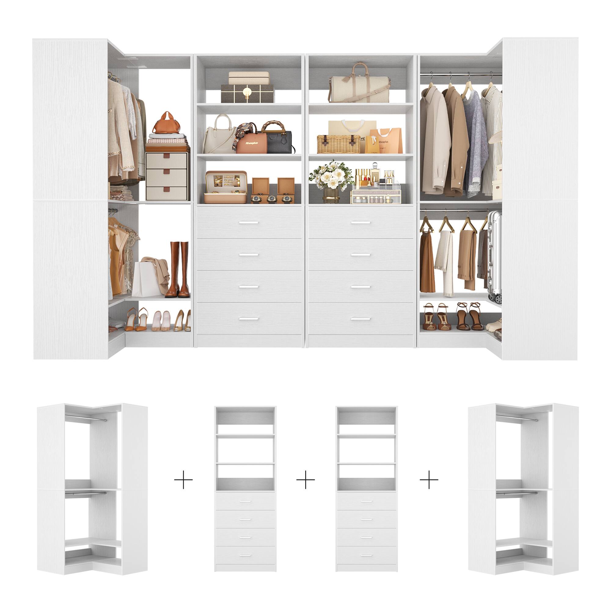 Angle. Aheaplus - U-Shaped Closet Organizer System, 104'' W Wardrobe System with 8 Drawers, 4 Hanging Rods & 13 Storage Shelves - White.
