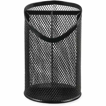 Front. Universal - Universal Metal Mesh 3 Compartment Pencil Cup 4.13" Diameter x 6"h Black 3 Compartment 6" Black Metal - Black.