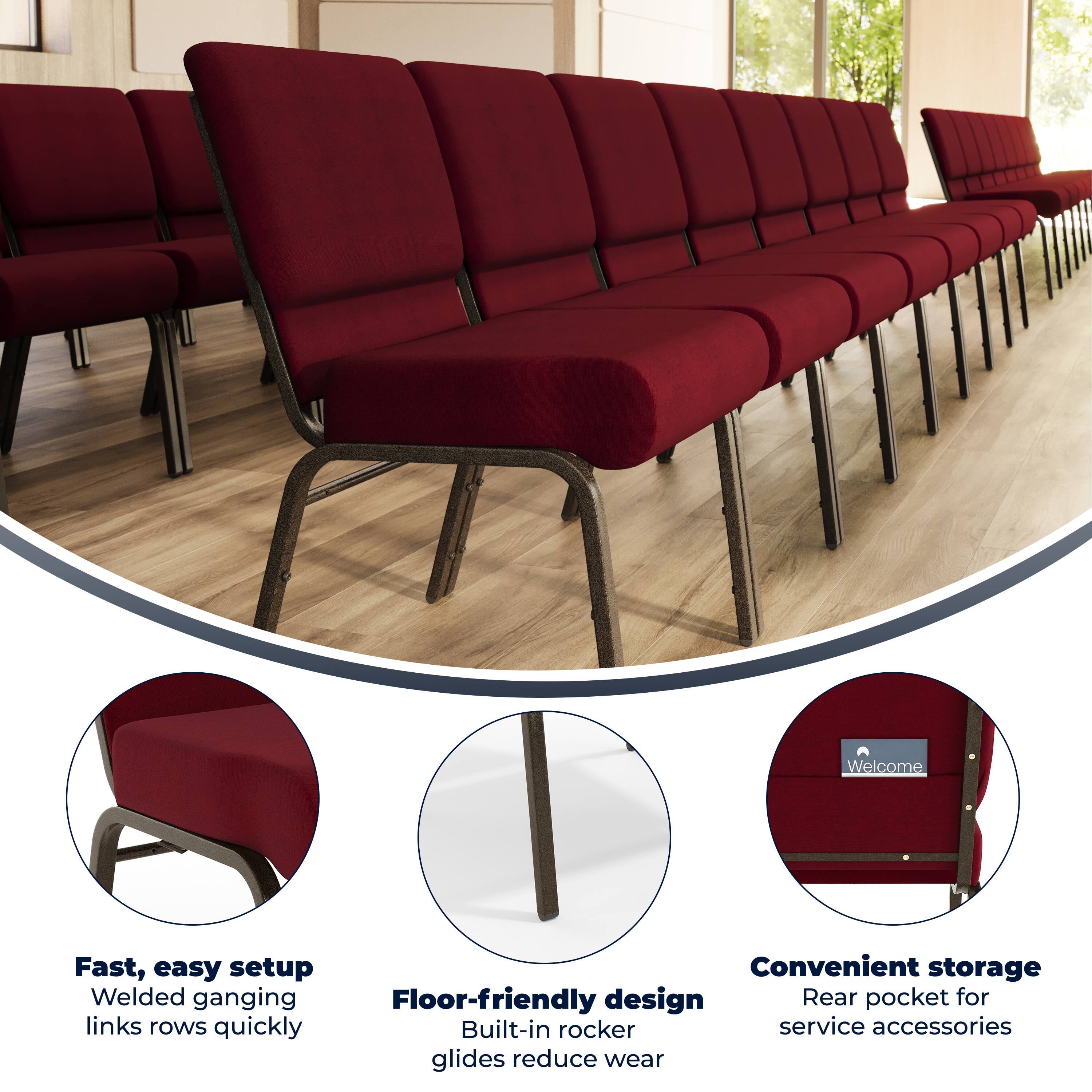 Fast, easy setup  
Welded ganging links rows quickly  

Floor-friendly design  
Built-in rocker glides reduce wear  

Convenient storage  
Rear pocket for service accessories