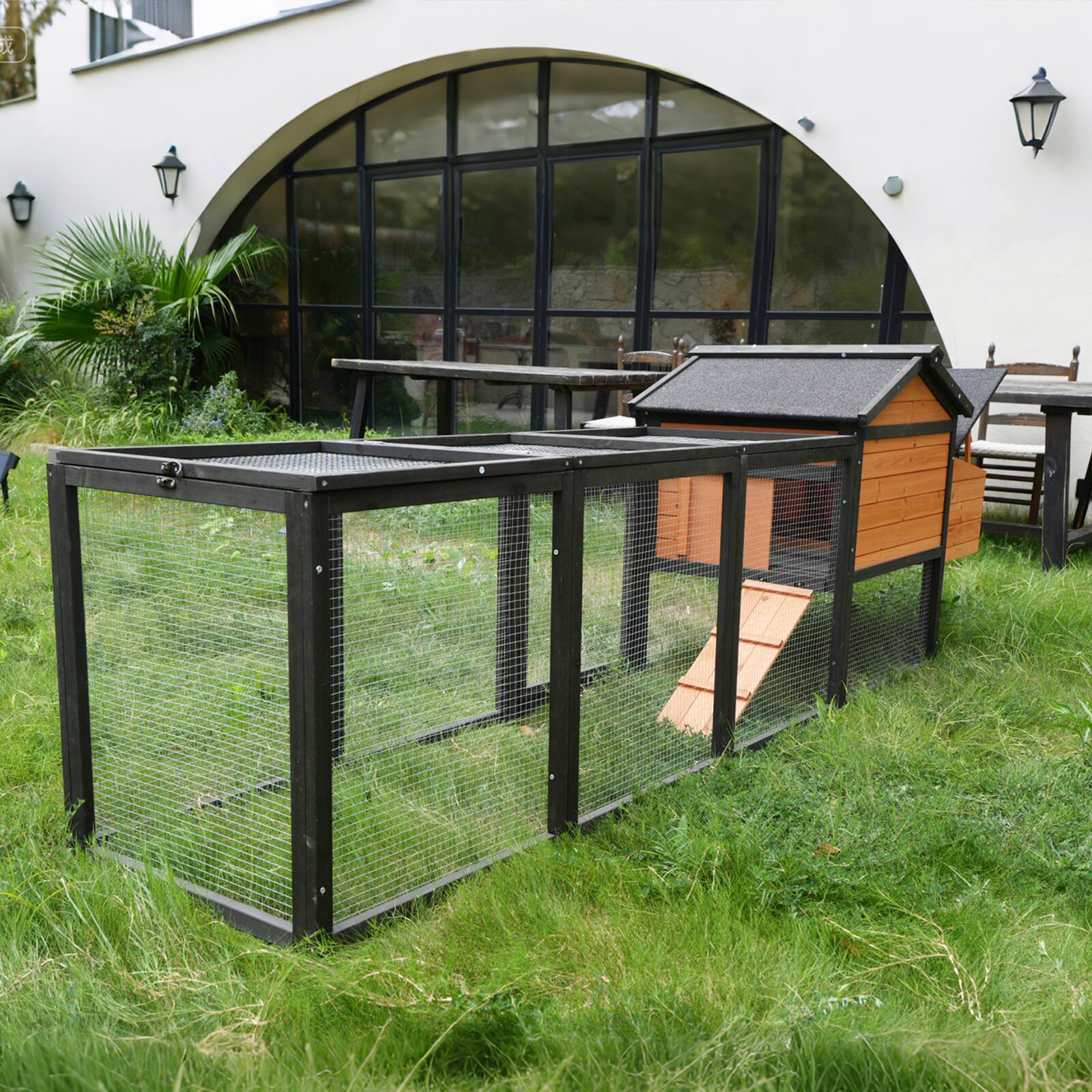 Angle. Mondawe - 107" Fir Wood Chicken Coop Outdoor Hen House Poultry Cage w/ Nesting Box, Rabbit Hutch - Brown.