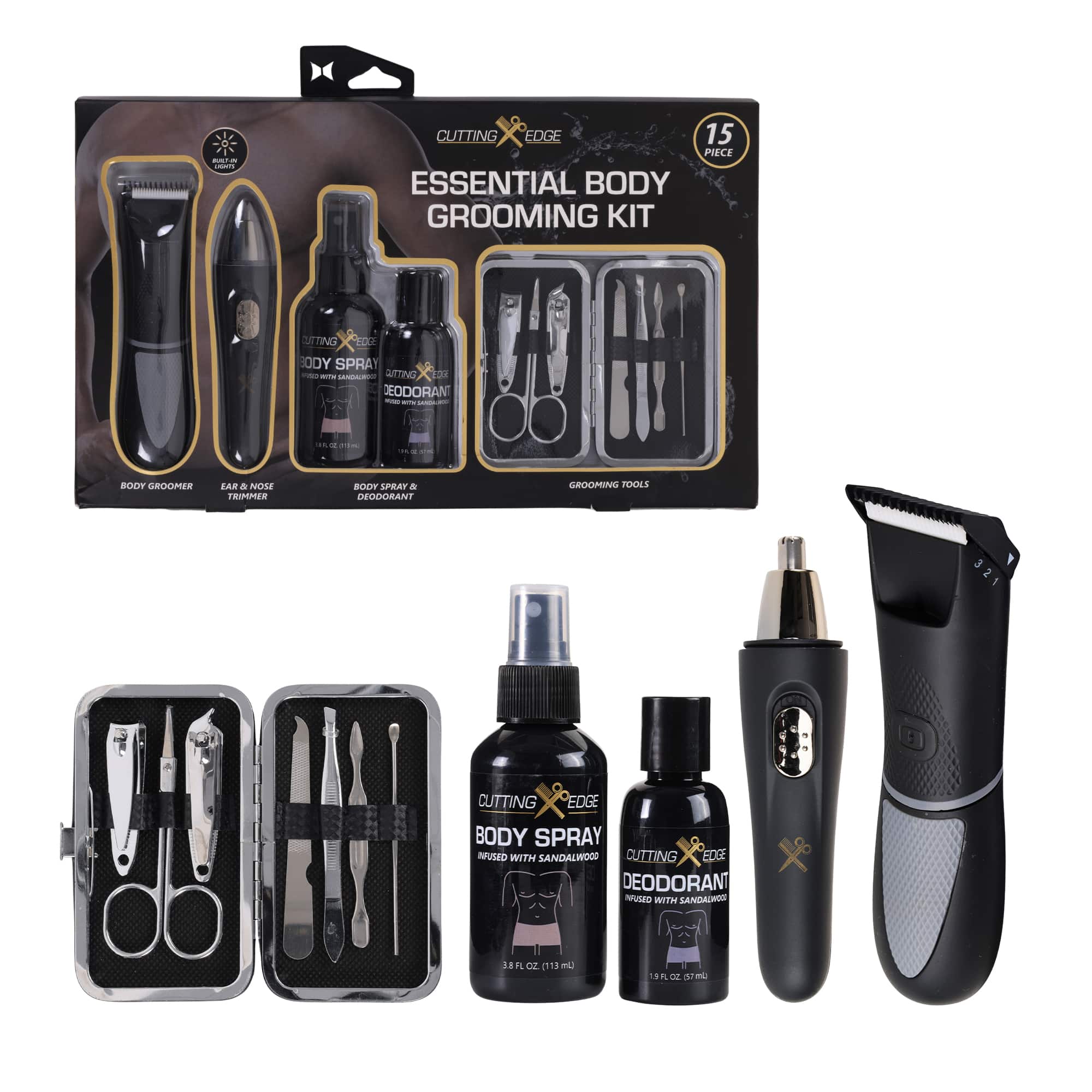 Cutting Edge - Essential Body Grooming Kit for Men, 15-Piece Father’s Day Gift Set - Black