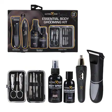 - CUTTING EDGE 15 PIECE ESSENTIAL BODY GROOMING KIT
- BODY GROOMER
- EAR & NOSE TRIMMER
- BODY SPRAY & DEODORANT
- GROOMING TOOLS
- CUTTING EDGE BODY SPRAY INFUSED WITH SANDALWOOD
- CUTTING EDGE DEODORANT INFUSED WITH SANDALWOOD