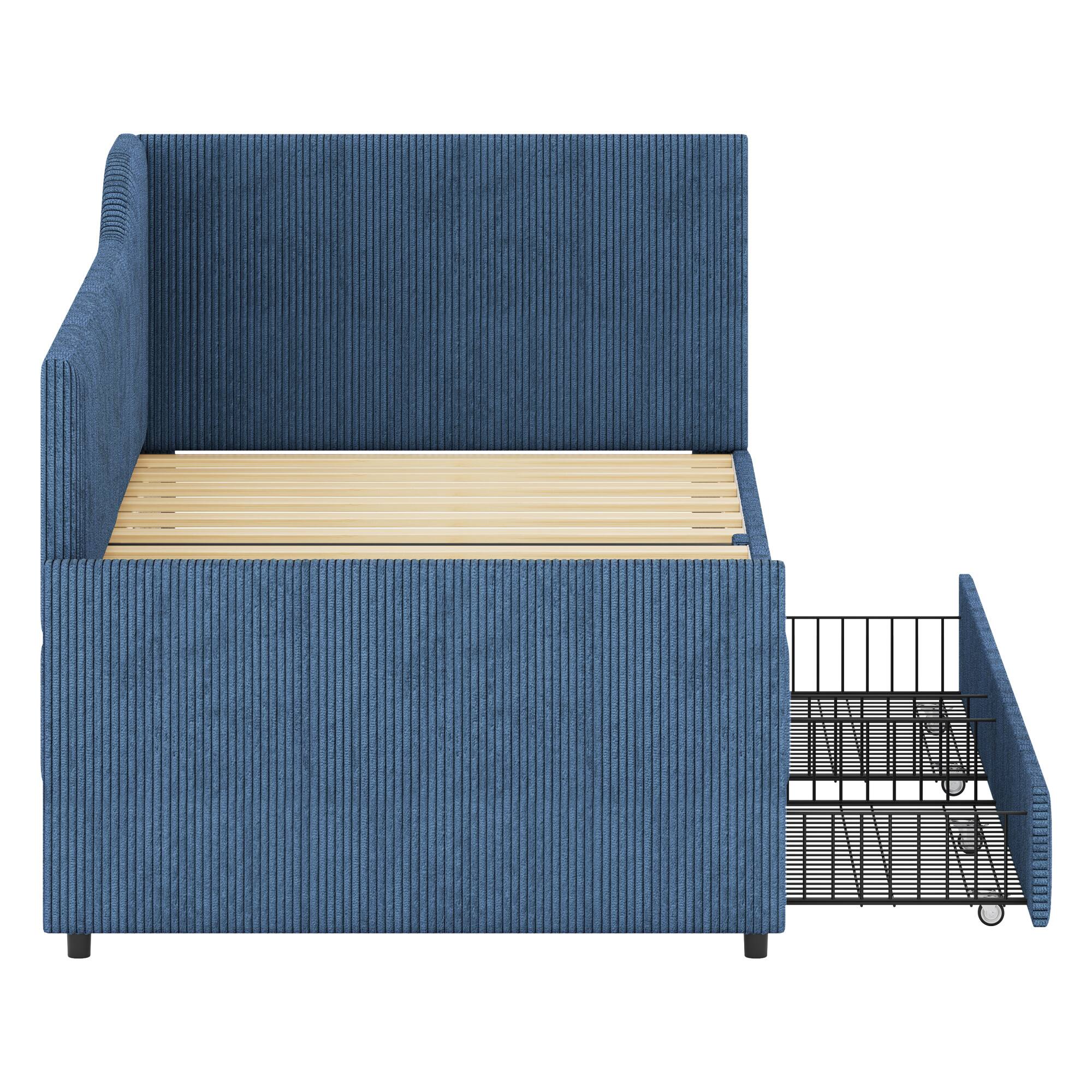 Alt View 8. GOODSILO - Twin Size L-Shaped Upholstered Daybed with Storage Drawers, Corduroy Fabric, Beige Finish - Blue.