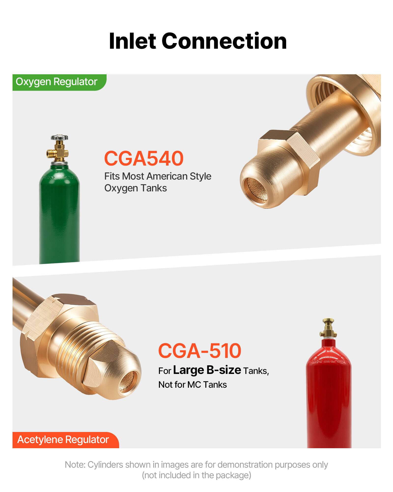 Inlet Connection Oxygen Regulator CGA540 Fits Most American Style Oxygen Tanks CGA-510 For Large B-size Tanks, Not for MC Tanks Acetylene Regulator

Note: Cylinders shown in images are for demonstration purposes only (not included in the package)