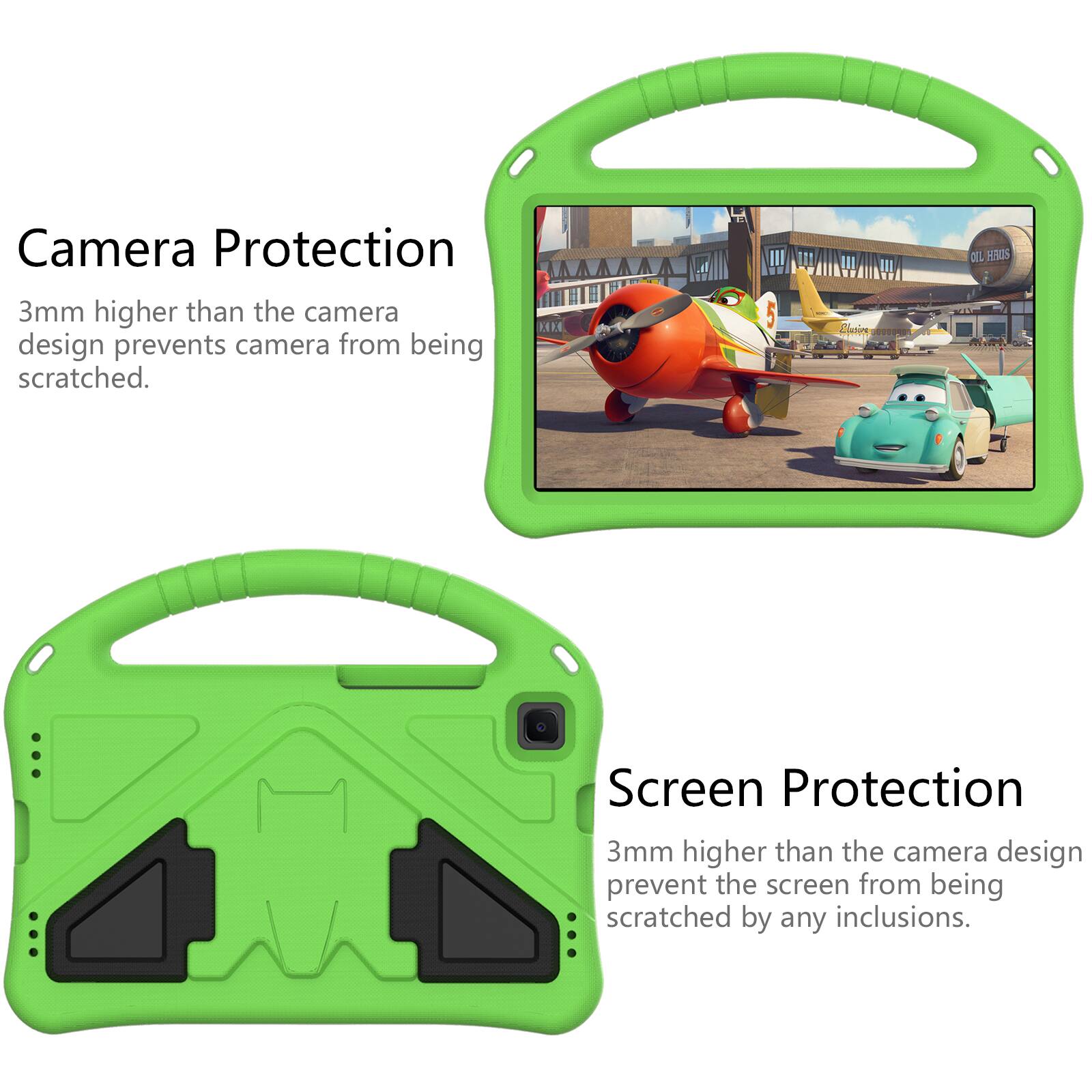 Camera Protection  
3mm higher than the camera design prevents camera from being scratched.  

Screen Protection  
3mm higher than the camera design prevents the screen from being scratched by any inclusions.