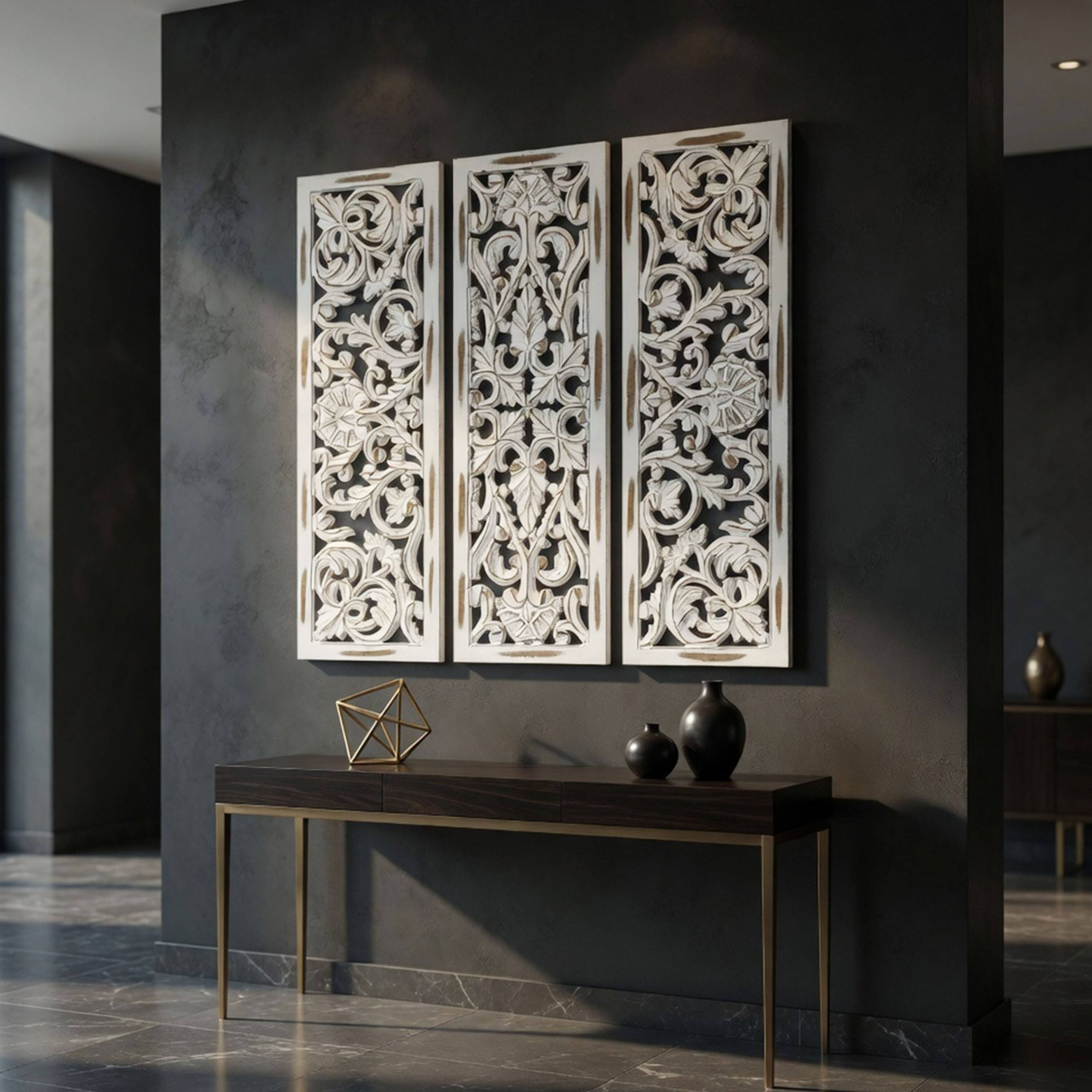 Alt View 5. Manhattan Lane - Leva 3pc Wood Wall Decor Set, Moroccan Floral Carving, Antique White Finish, 36 Inch Square - Antique White.