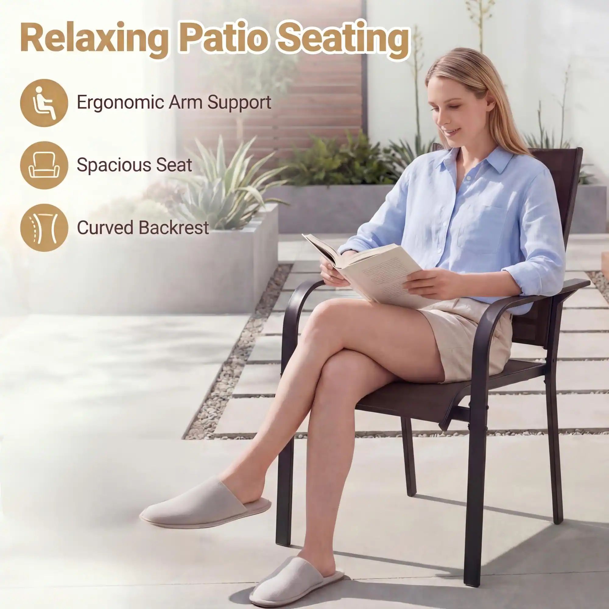 Relaxing Patio Seating

- Ergonomic Arm Support
- Spacious Seat
- Curved Backrest