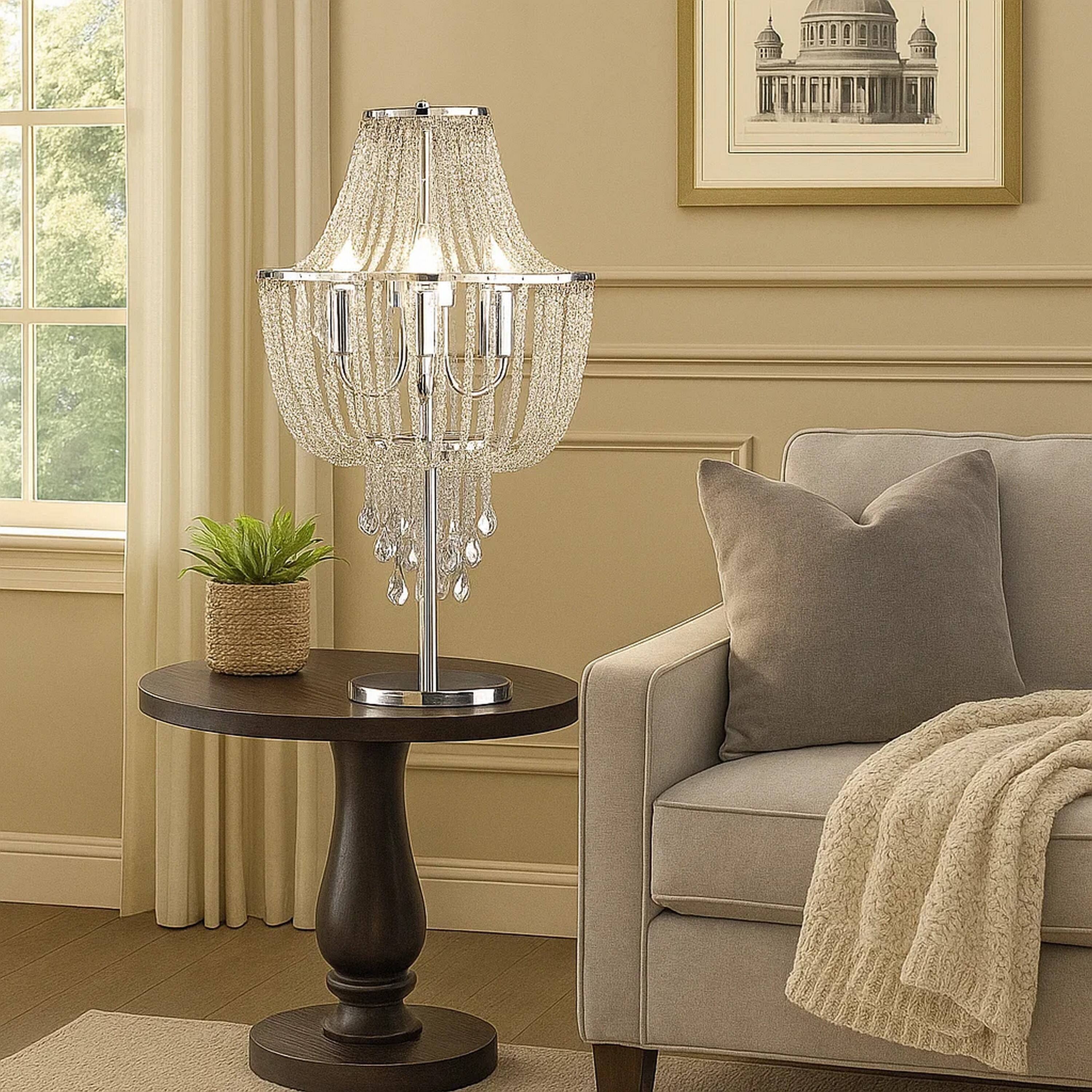 Alt View 3. Manhattan Lane - Cara 27 Inch Table Lamp, Hanging Drop Design, Crystal and Metal, Chrome - Chrome.