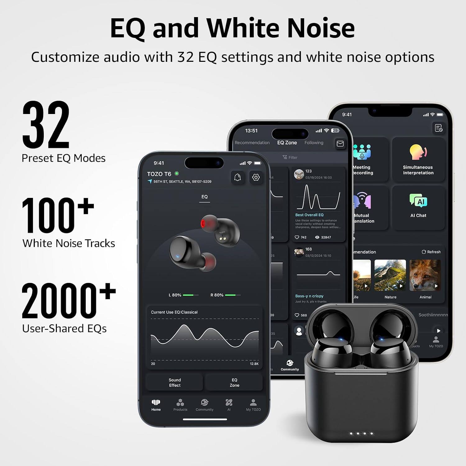EQ and White Noise  
Customize audio with 32 EQ settings and white noise options

32 Preset EQ Modes  
100+ White Noise Tracks  
2000+ User-Shared EQs

9:41 TOZO T6  
55TH ST SEATTLE, WA, 98107-5209  
EQ

9:41 13:51  
Recommendation EQ Zone Following Filter  
Meeting recording 03/19/2024 16:03  
Best Overall EQ Mutual Use these settings to enhance translation audio clarity, creating sharpness, deeper bass, and smoother sound.  
763 32847 168  
Recommendation 03/12/2024 15:10

Simultaneous Interpretation AI Chat Refresh

80% Current Use EQ: Classical  
L 80% R 80%

Bass-y n crispy  
Just try it, you'll like it!  
588

Nature  
Animal  
Soothing

My TOZO  
12.8K  
Community  
Sound Effect  
EQ Zone  
Home  
Products  
Community