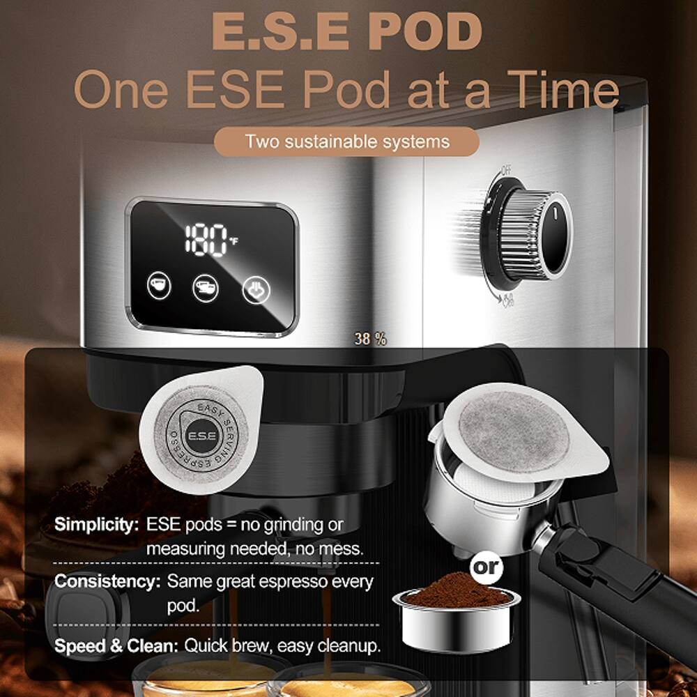 E.S.E POD  
One ESE Pod at a Time  
Two sustainable systems  

180°  
38%  

EASY ESE ESPRESSO SERVING  

Simplicity: ESE pods = no grinding or measuring needed, no mess.  
Consistency: Same great espresso every pod.  
Speed & Clean: Quick brew, easy cleanup.