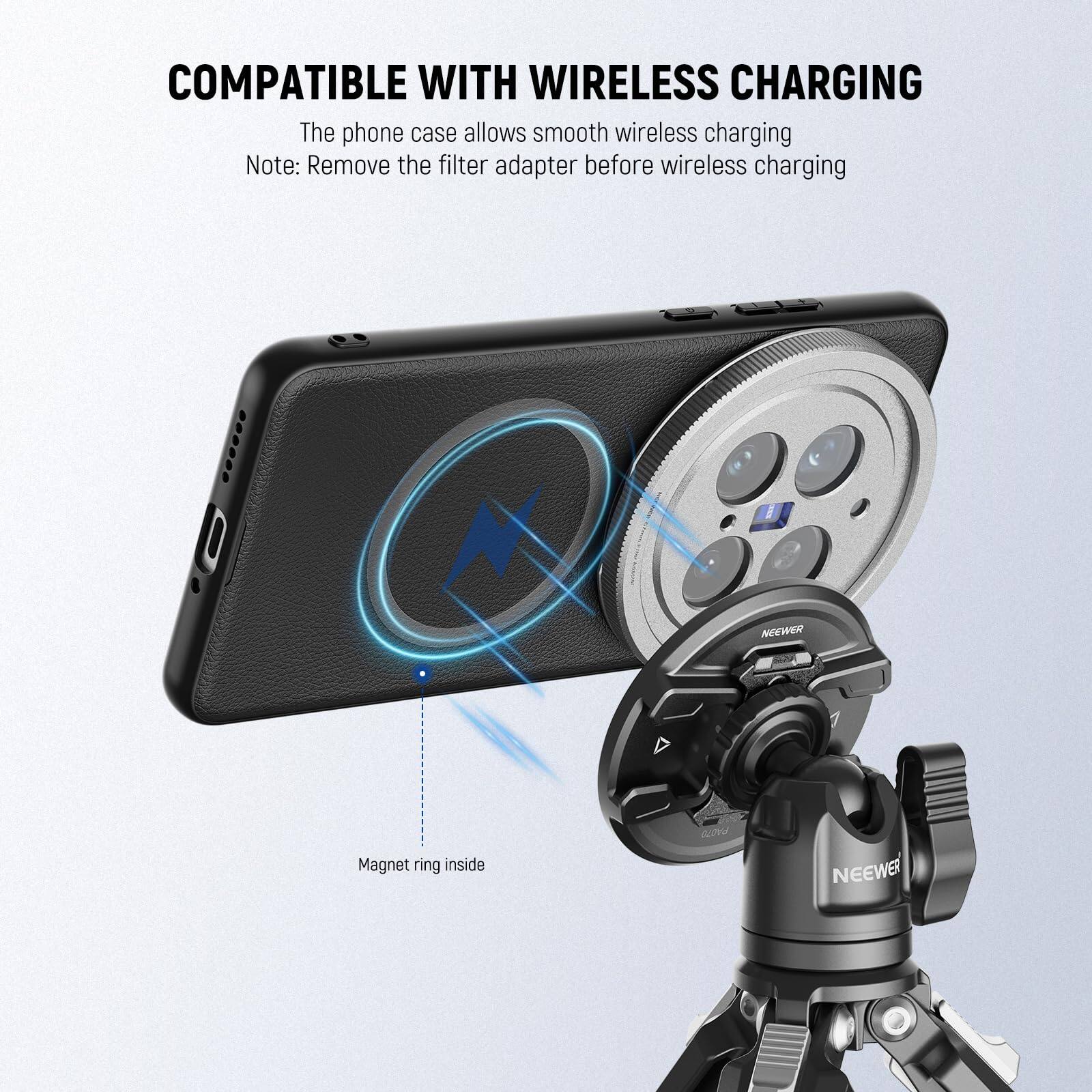 COMPATIBLE WITH WIRELESS CHARGING

The phone case allows smooth wireless charging

Note: Remove the filter adapter before wireless charging

Magnet ring inside