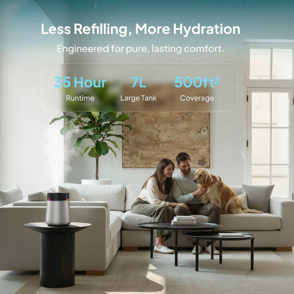 Less Refilling, More Hydration  
Engineered for pure, lasting comfort.  

35 Hour Runtime  
7L Large Tank  
500ft² Coverage