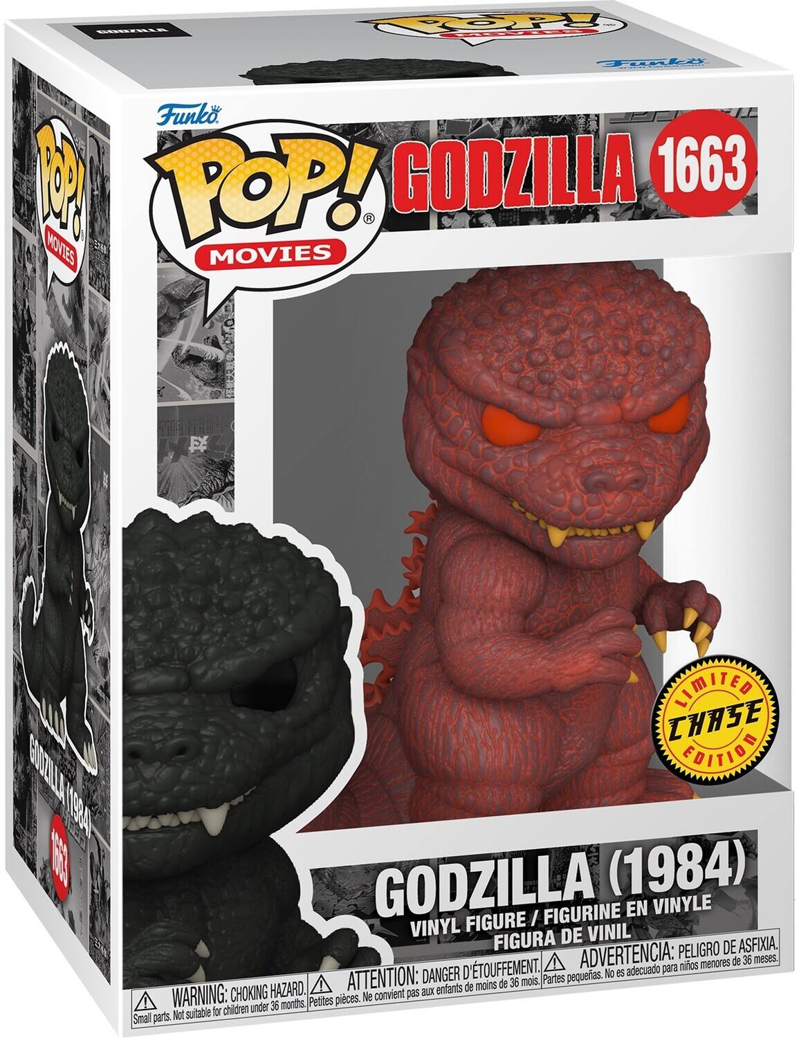 Sure, here is the corrected and grouped text from the image:

---

**Funko POP! Movies**

**GODZILLA 1663**

**LIMITED CHASE EDITION**

**GODZILLA (1984)**  
VINYL FIGURE / FIGURINE EN VINYLE / FIGURA DE VINIL

**WARNING: CHOKING HAZARD**  
Small parts. Not suitable for children under 36 months.

**ATTENTION: DANGER D'ÉTOUFFEMENT**  
Petites pièces. Ne convient pas aux enfants de moins de 36 mois.

**ADVERTENCIA: PELIGRO DE ASFIXIA**  
Partes pequeñas. No es adecuado para niños menores de 36 meses.

---

This text includes all the relevant information from the packaging, grouped and corrected for clarity.