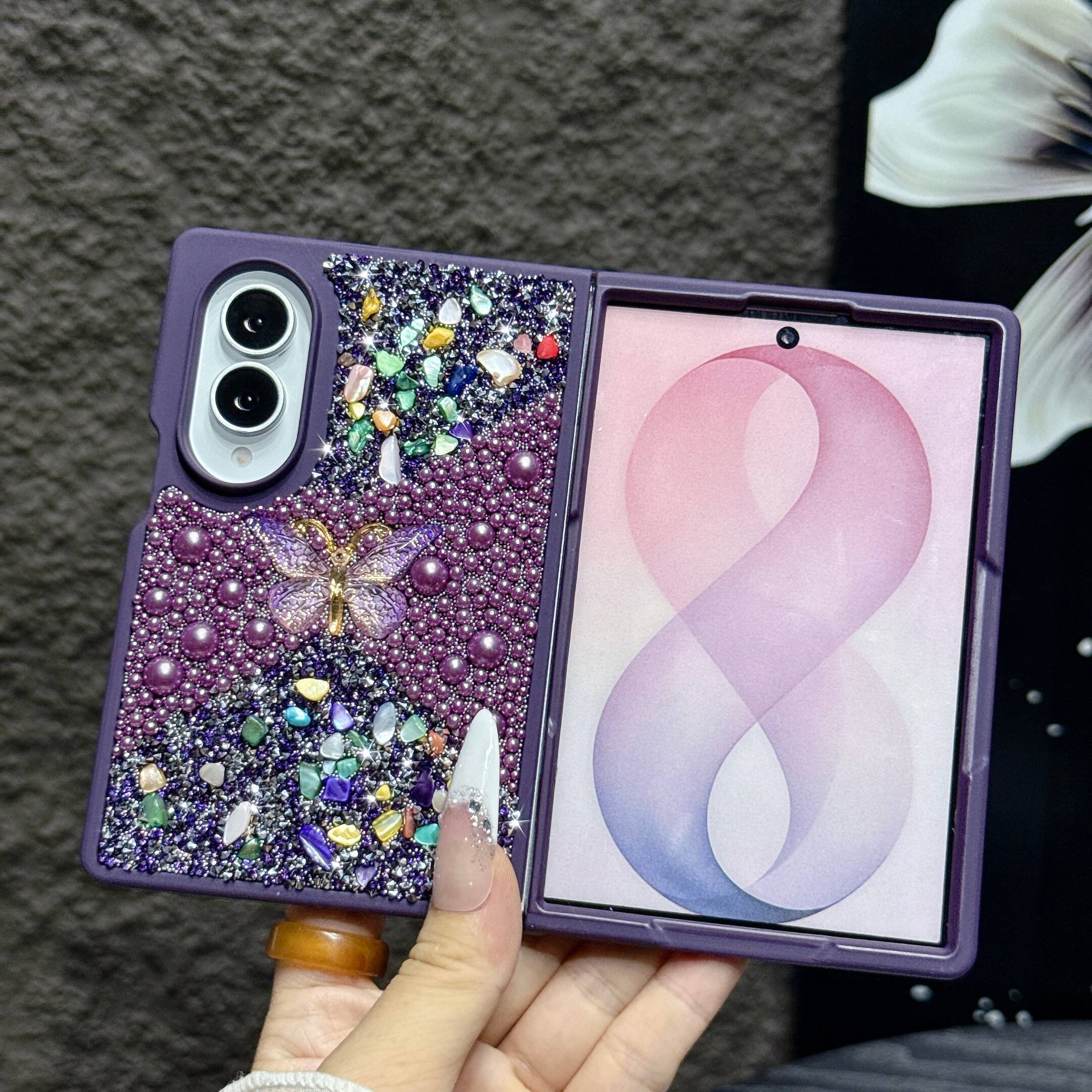 Left. Dteck - Diamond Case for Samsung Galaxy Z Fold 8, Sparkle Glitter Rhinestone Butterfly Phone Cover with Strap - Purple.