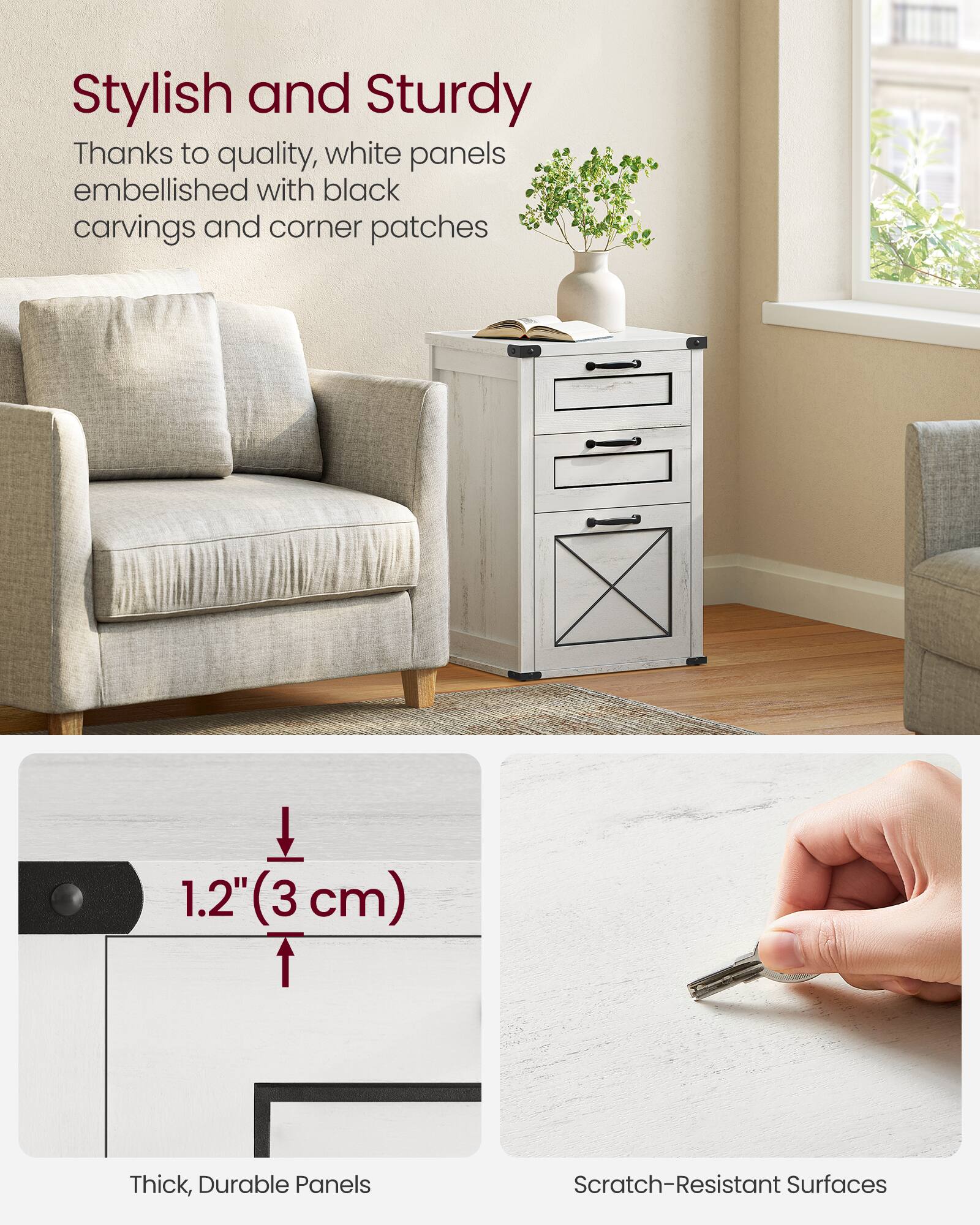 Stylish and Sturdy  
Thanks to quality, white panels embellished with black carvings and corner patches  

1.2" (3 cm) Thick, Durable Panels  

Scratch-Resistant Surfaces