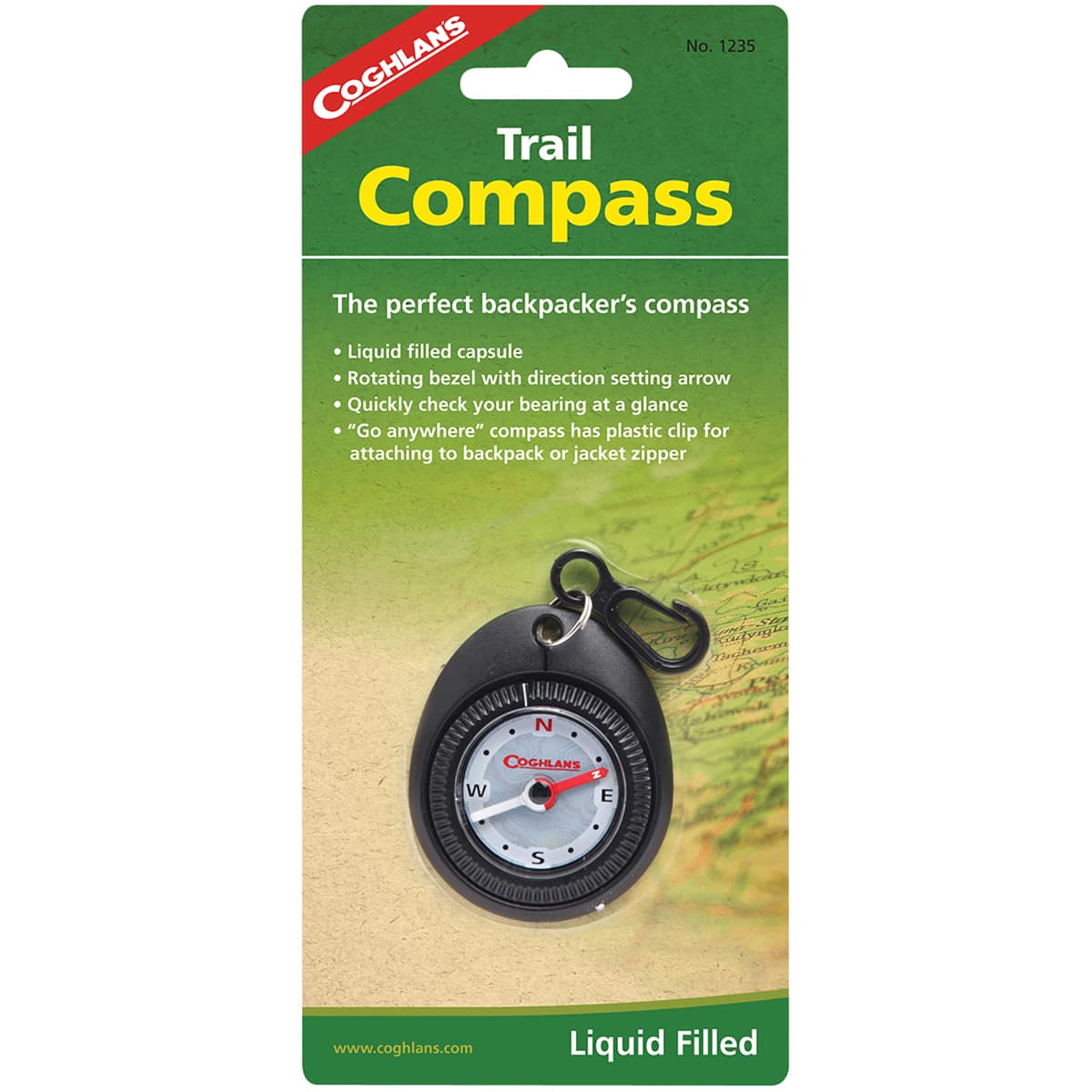 Coghlan’s - Coghlan's Trail Compass w/ Attached Clip, Liquid Filled for Backpackers Hiking - Black