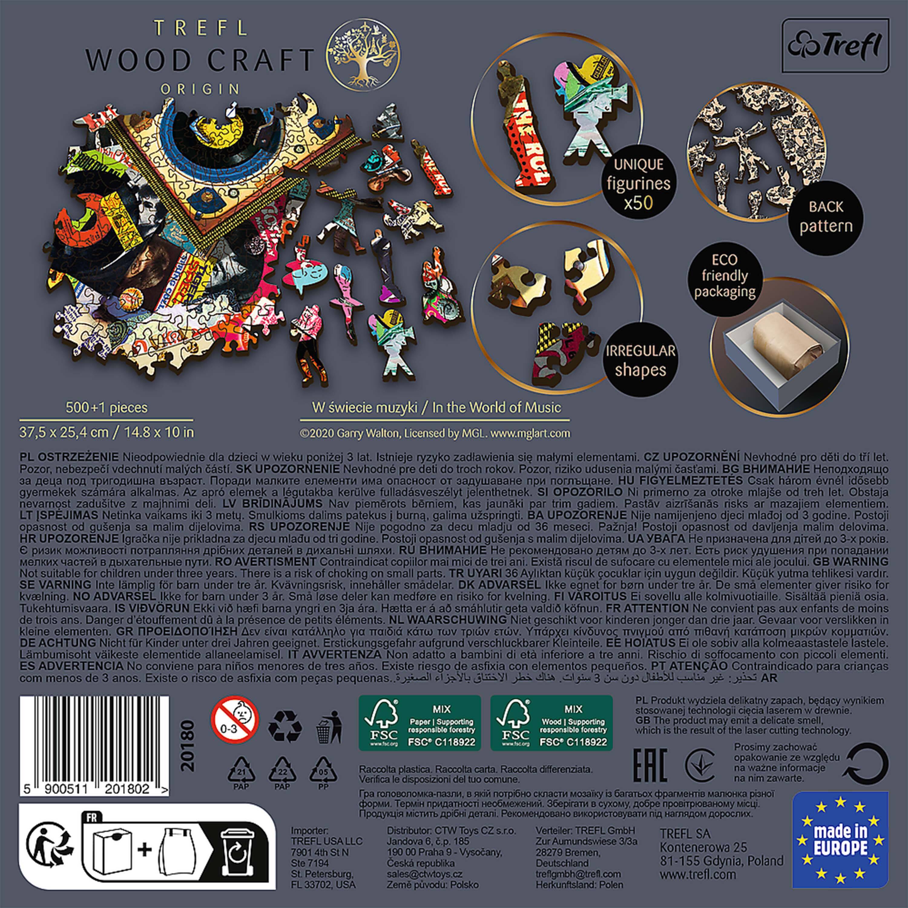 ORIGIN  
UNIQUE figurines x50  
BACK pattern  
ECO friendly packaging  

W święcie muzyki / In the World of Music  
Walton, Licensed by MGL. www.mglart.com  

500+1 pieces  
37.5 x 25.4 cm / 14.8 x 10 in  

PL OSTRZEŻENIE Nieodpowiednie dla dzieci w wieku poniżej 3 lat. Istnieje ryzyko zadławienia się małymi elementami.  
CZ UPOZORNĚNÍ Něvžodně pro děti do 3 let.  
SK UPOZORNENIE Nevhodné pre detské rúky.  
BG FIGYELMEZTÉTES Csak hrom gyermekek számára.  
SI OPOZORILO primerno za otroke od treh let.  
RO ΠΡΟΣΟΧΗ Περιέχει μικρά στοιχεία.  
HR UPOZORENJE prikladna djecu mladu od