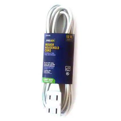 3504362
PROJEX
INDOOR HOUSEHOLD CORD
CORDÓN DE CASA PARA USO INTERIOR
12 ft.
3.65 m
For use with clocks, lamps, fans and other household appliances
3-outlets with safety slides
LIGHT DUTY
18 GAUGE/13 AMP
UL