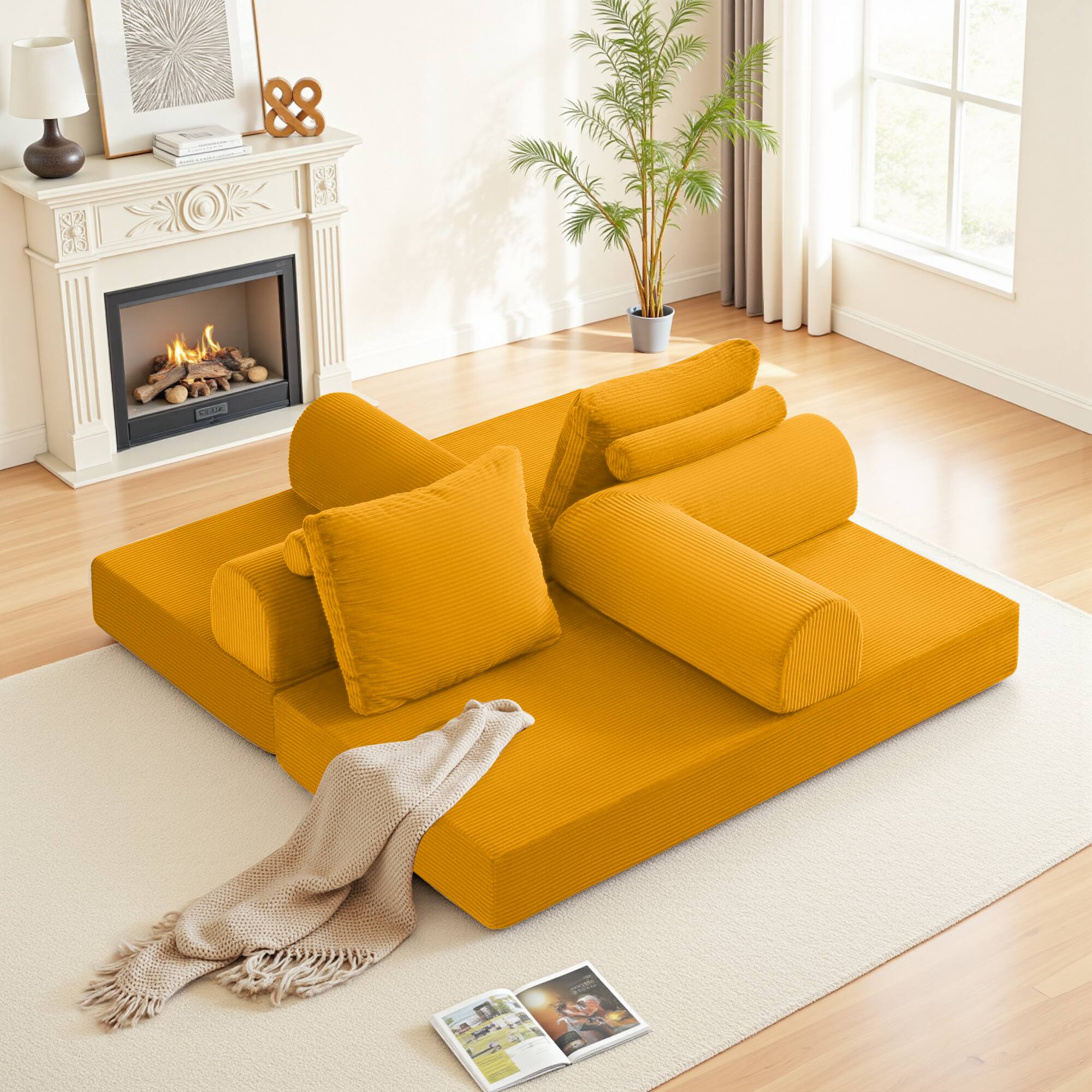 Alt View 7. KERDOM - 63'' W Convertible Floor Sofa Bed, Corduroy Modular Floor Couch with Pillow Back, Folding Couch Sleeper for Living Room - Ginger Yellow.