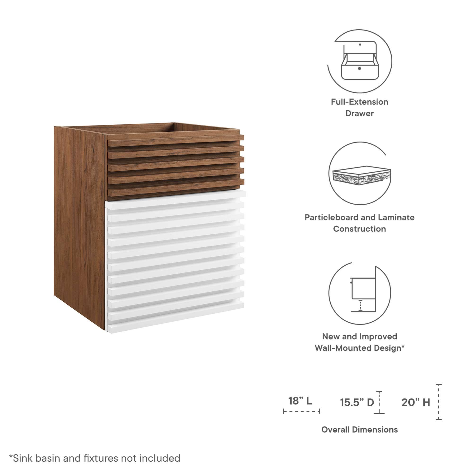 Full-Extension Drawer  
Particleboard and Laminate Construction  
New and Improved Wall-Mounted Design*  

18" L  
15.5" D  
20" H  

Overall Dimensions  

*Sink basin and fixtures not included