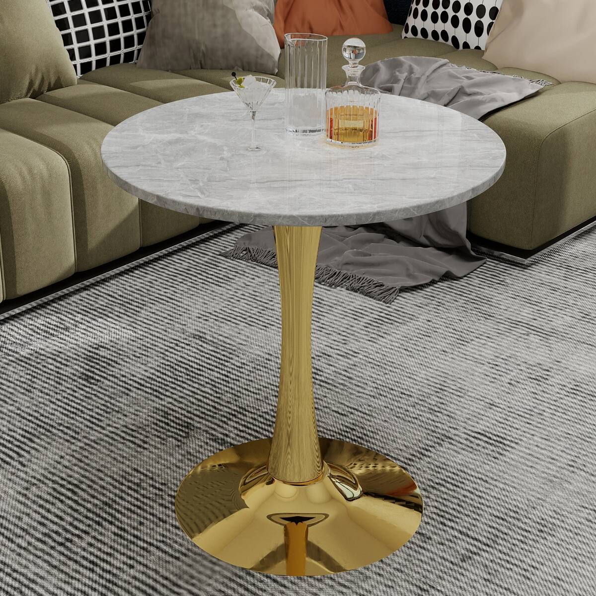 Alt View 8. Loheer - Loheer Round Gold Coffee Table with Marble Effect Tabletop, 27.6-Inch Mid-Century Modern Living Room Table - Gold and light gray.